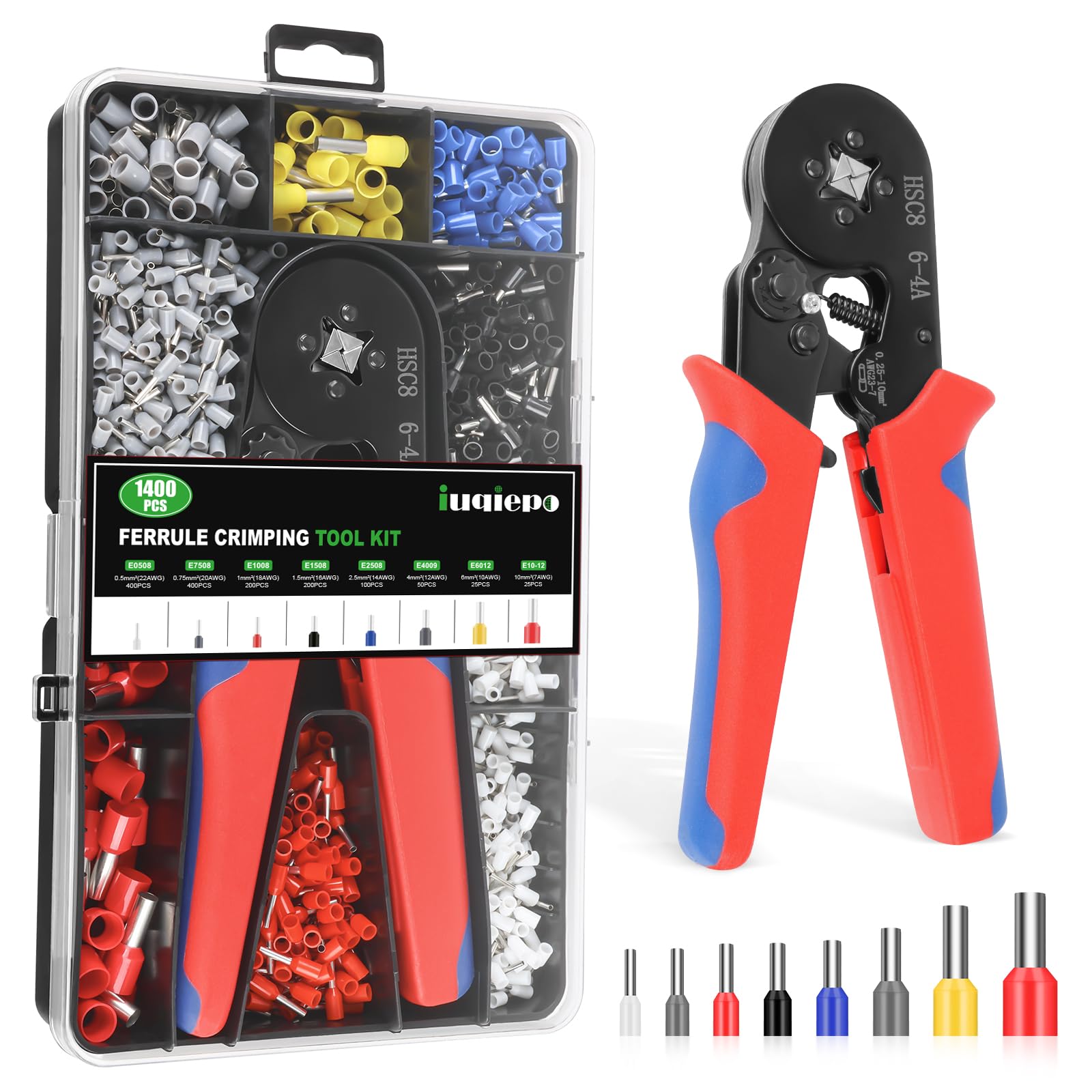 Crimping Tool Set, Ferrule Crimping Tool 0.25-10 mm² (AWG 23-7) with 1400 PCS Terminal Connectors, Crimping Connectors Wire End Ferrules, Self-Adjustable Ratchet Wire Crimping Tool