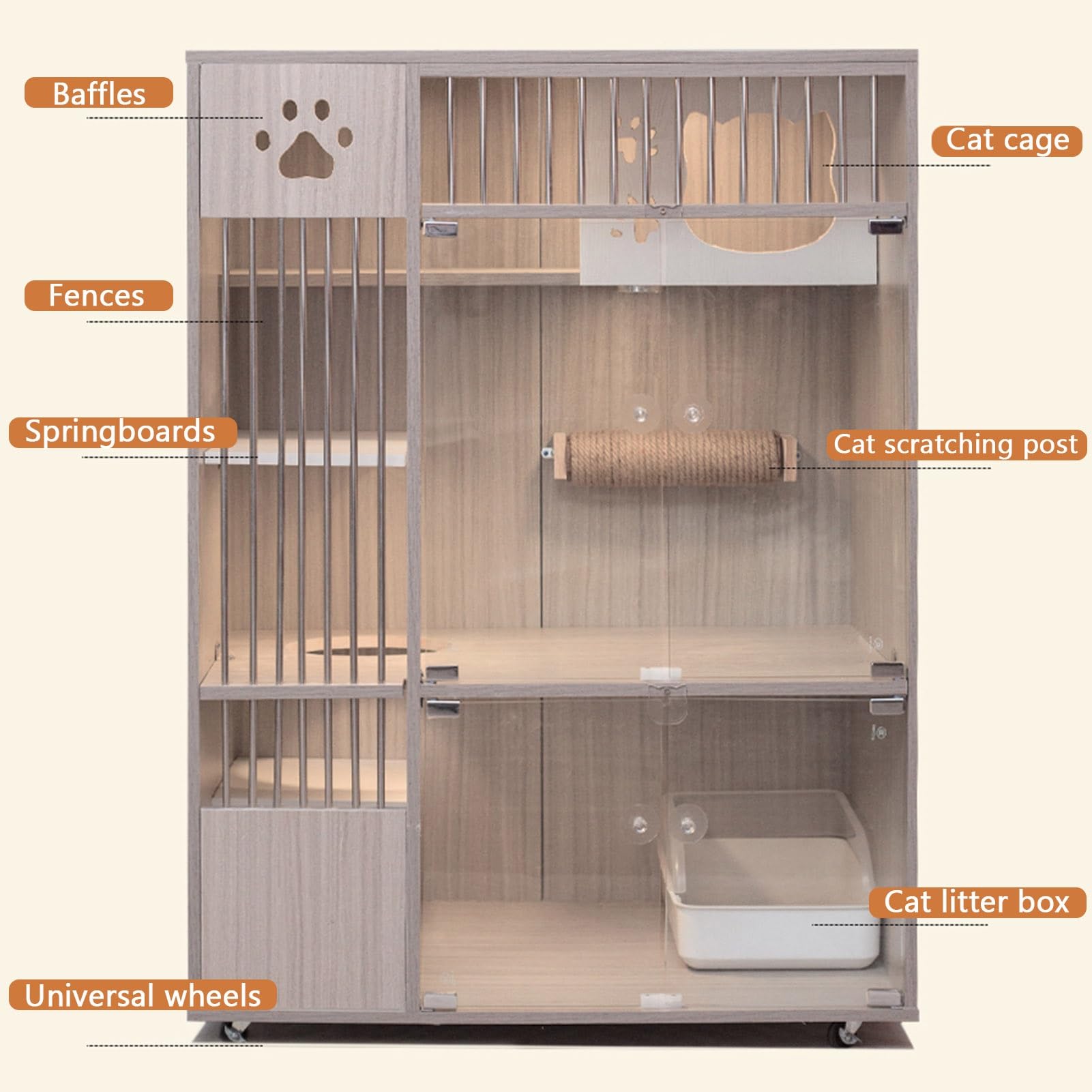 Recinto per Gatti, Gabbia per Gatti Grande in Legno con Vetro Temperato e Ringhiera in Acciaio, Recinto per Animali Domestici con Trampolino e Ruote, Ideale per 1-3 Gatti, 23,6x35,4x47,2 Pollici