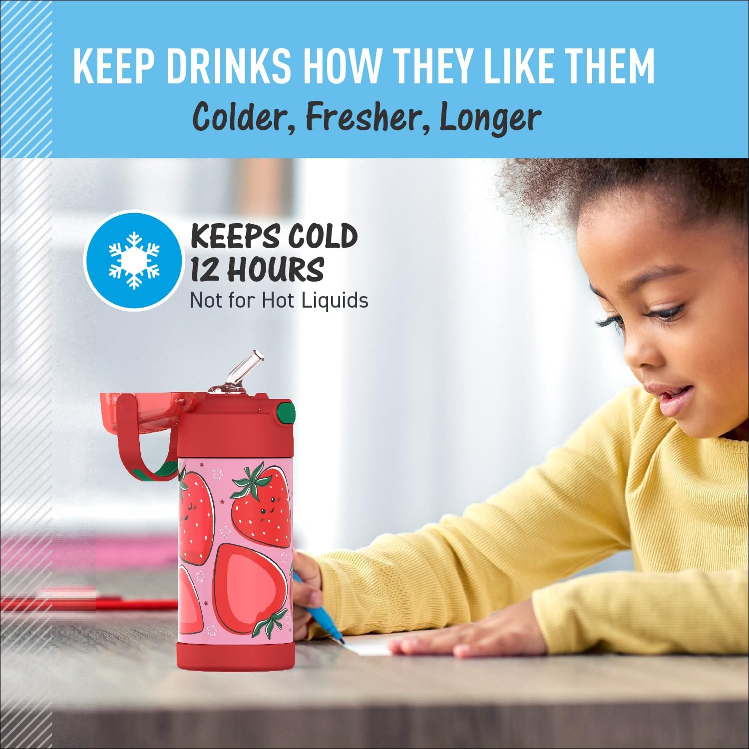 THERMOS FUNTAINER Water Bottle with Straw - 12 Ounce - Kids Stainless Steel Vacuum Insulated Water Bottle with Lid, Strawberry Smiles - Image 5