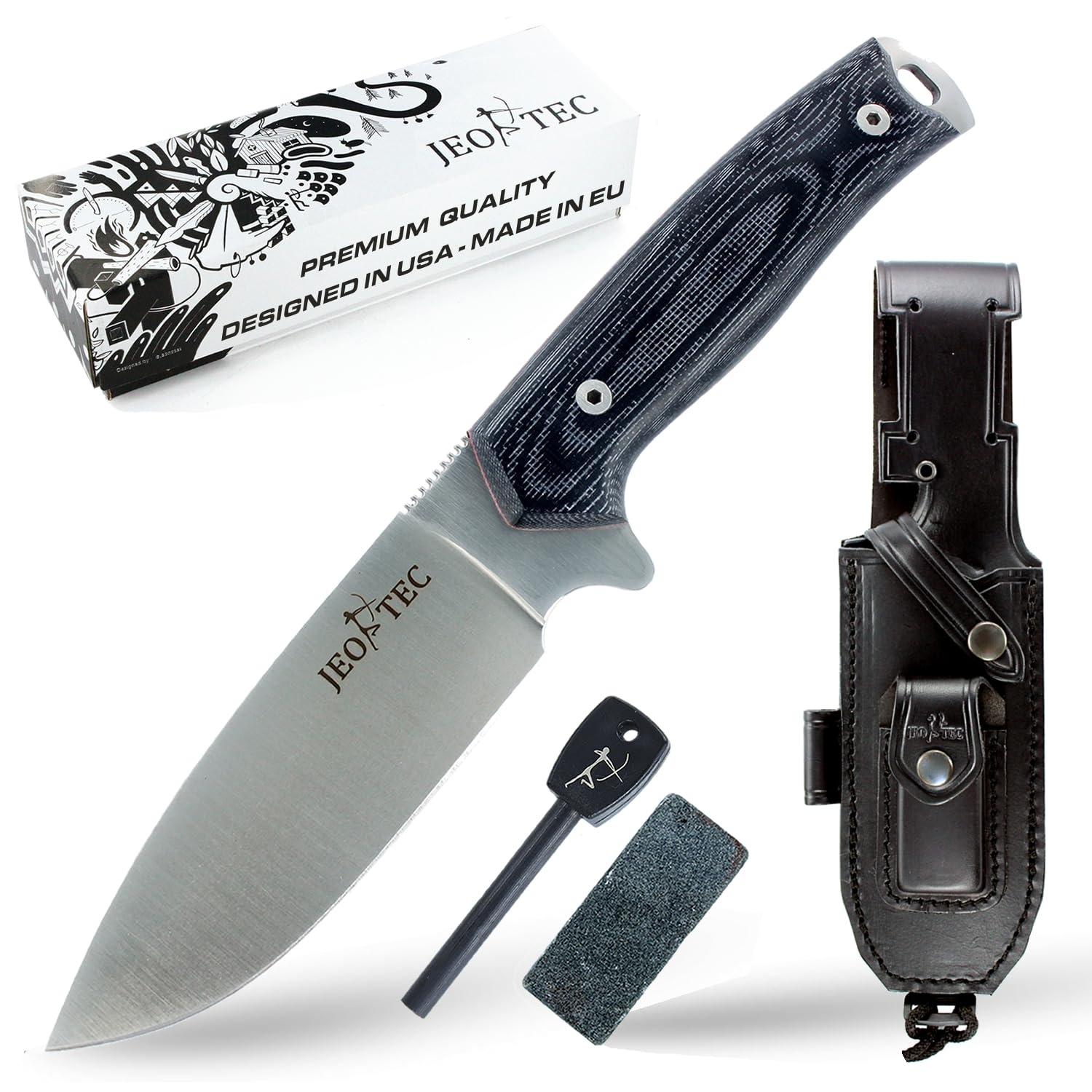 JEO-TEC Nº21 Nóż Bushcraft, nóż do paska na zewnątrz, nóż myśliwski, nóż survivalowy wielofunkcyjny , stałe ostrze, BÖHLER N690C, z naturalna skorzana osłona + krzesiwo + ostrzalka do noży , recznie robiony w Hiszpanii