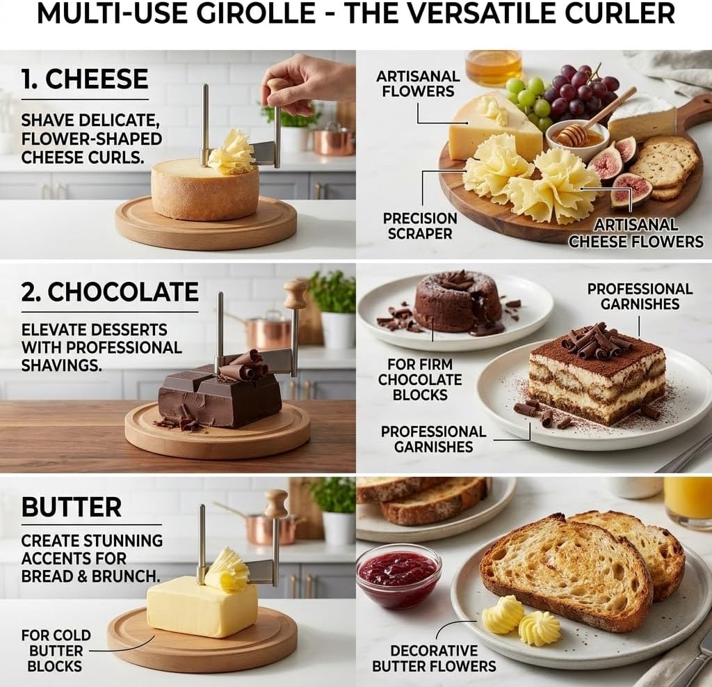 Cheese Curler Girolle – Cheese Curler Wheel for Chocolate & Butter Curls, Stainless Steel Blade & Wood Base, Cheese Flower Maker for Charcuterie Boards, Dessert Decor, Parties & Gift for Food Lovers