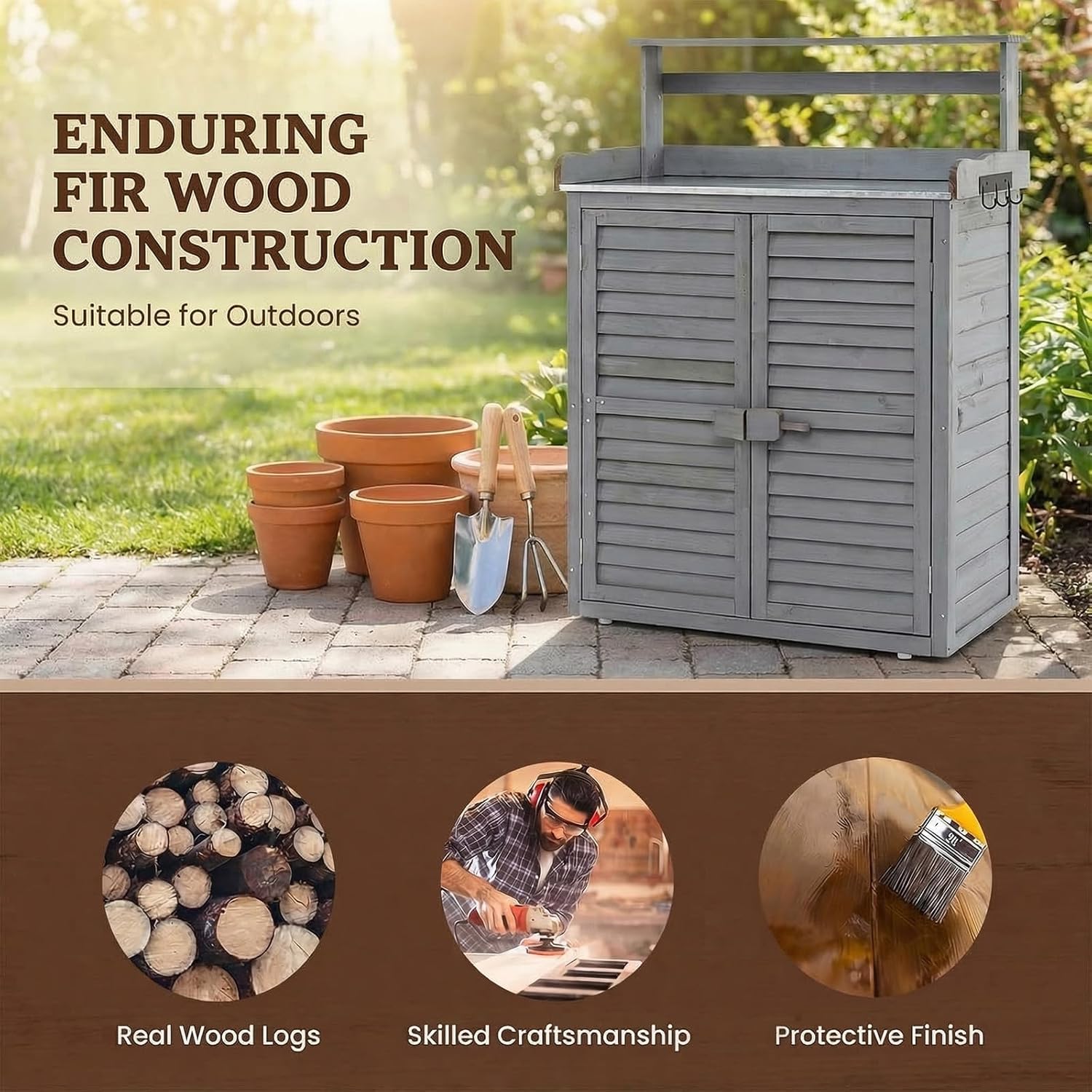 RELAX4LIFE Pflanztisch Outdoor, Gartentisch Holz mit Unterschrank, Verzinkter Arbeitsplatte, Abnehmbaren Regalen & Haken, Arbeitstisch wetterfest für Garten, Hof, Terrasse, 87 x 45 x 120 cm, Grau