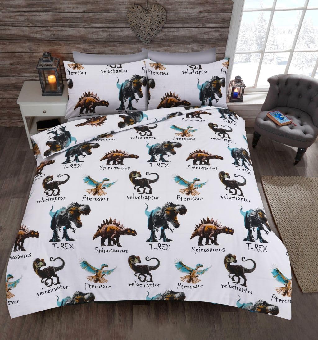 HOMES-LINEN Dinosaur Duvet Cover Set for Kids – Single & Double Bed Sizes – Polycotton Dino Bedding with T-Rex Spinosaurus Velociraptor & Pterosaur – Soft Durable Easy-Care Children’s Bed Set (Double)
