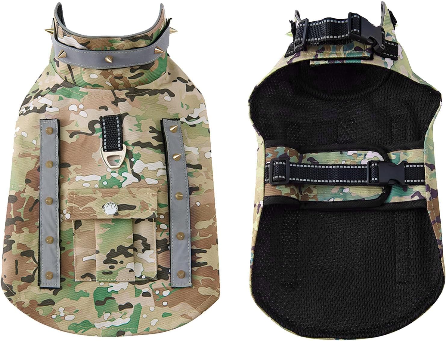 Spiked Small Dog Vest,Reflective Dog Harness Vest with Removable Spikes, Anti-Bite & Predator Protective Tactical Dog Jacket with D-Ring & Breathable Linings Green S