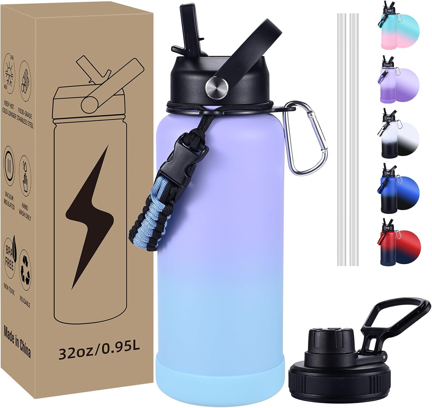 Insulated Water Bottle, 32 oz Stainless Steel Wide Mouth Water Bottles with 2 Leak Proof Lid and Paracord Handle, Double Wall Vacuum Insulated Sports Water Bottle, Purple Blue