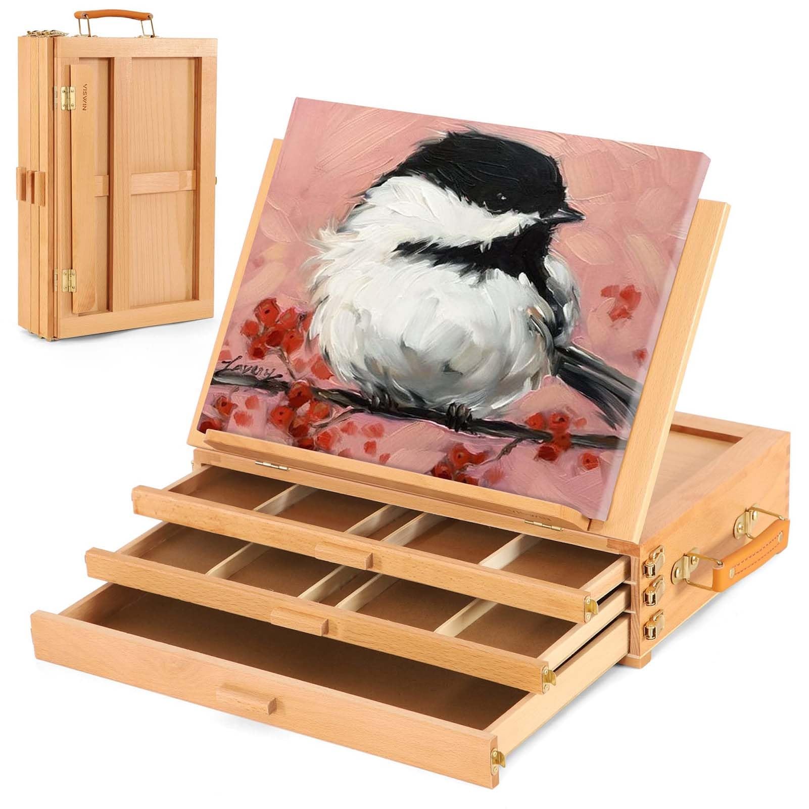 Caballete de mesa para pintar, caballete de madera de haya ajustable con 3 cajones de almacenamiento, caballete de viaje de escritorio para adultos, artistas y estudiantes