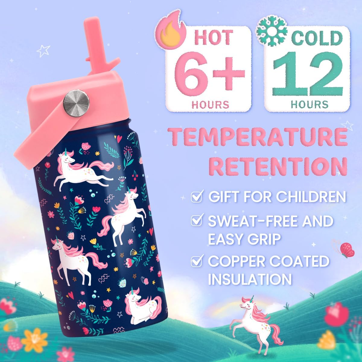 Unicorn Water Bottle - Kids Water Bottle Straw Lid - Insulated 12 Oz Stainless Steel Water Bottles for Kid Girl - Travel Cup for School Sports - Image 4