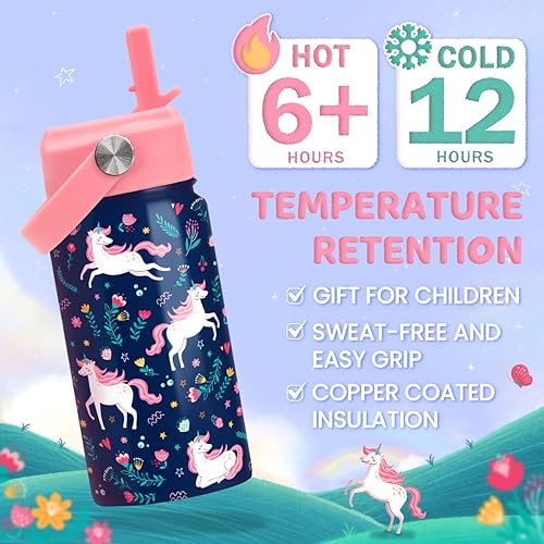 Miniatura 16 de SANDJEST Botella de agua para niños con tapa con pajilla, paquete de 2 botellas de agua aisladas de acero inoxidable de 12 onzas para niñas, taza de