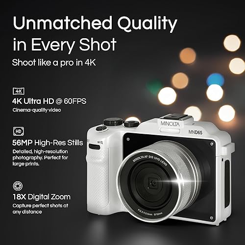 Miniatura 2 de Minolta Cámara digital: fotos de 56MP, video 4K 60FPS, diseño selfie de doble lente, zoom 18X, Wi-Fi, captura RAW/JPEG, LCD de 3 pulgadas, cámara de
