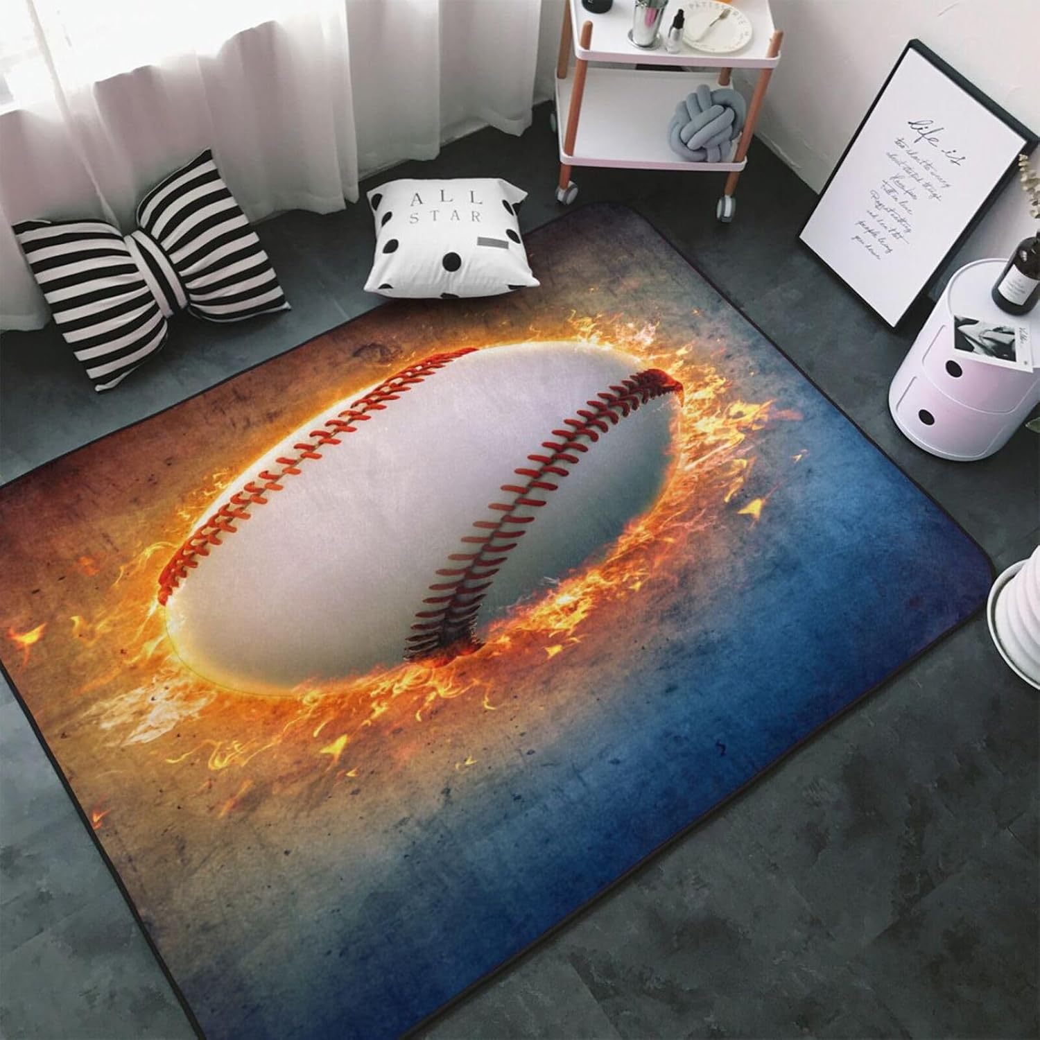 Washable Area Rugs Cover,Baseball Ball in Fire Soft Floor Carpets Mats Non-Skid Field Rug for Boys Girls Kids Living Room Bedroom Home Decor 4x5.3 Ft