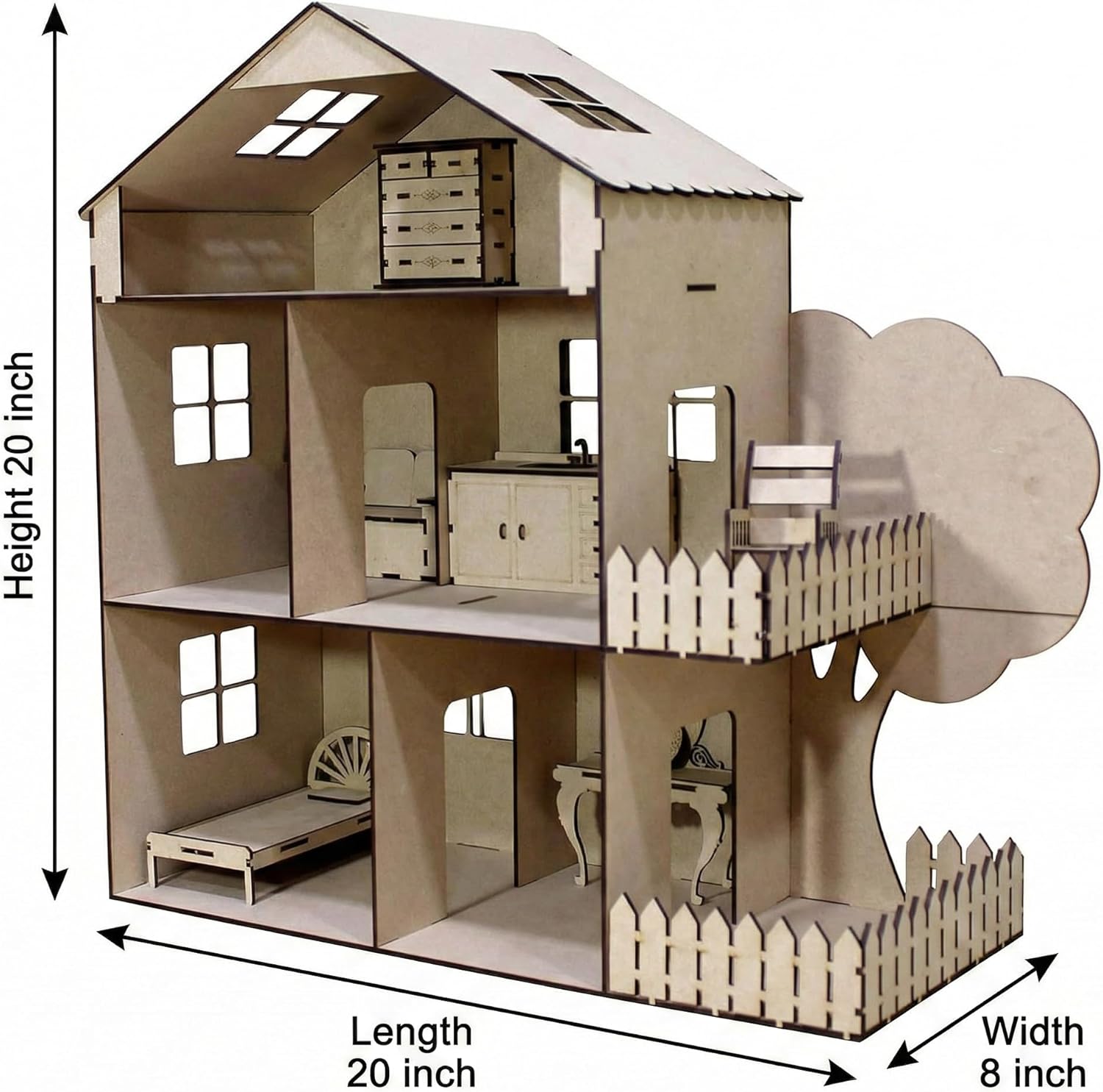 StonKraft Wooden 3D Puzzle Doll House - Home Decor, Construction Toy, Modeling Kit, School Project - Easy to Assemble (Doll House with Furniture)
