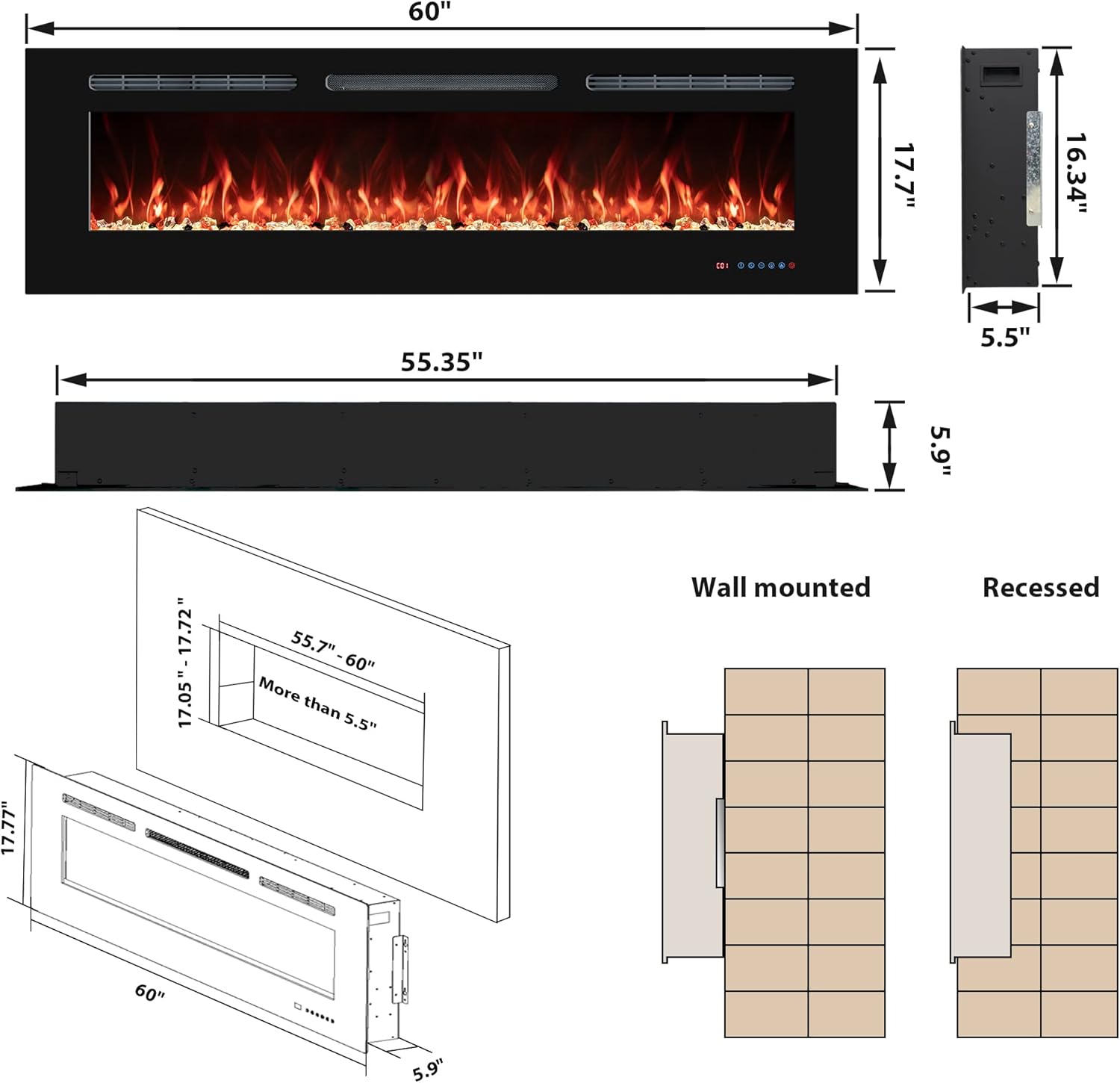 60'' electric fireplaces inserts, recessed & wall-mounted fireplace heater with thermostat, multicolor flames,timer, log & crystal, 750/1500w, black 60"
