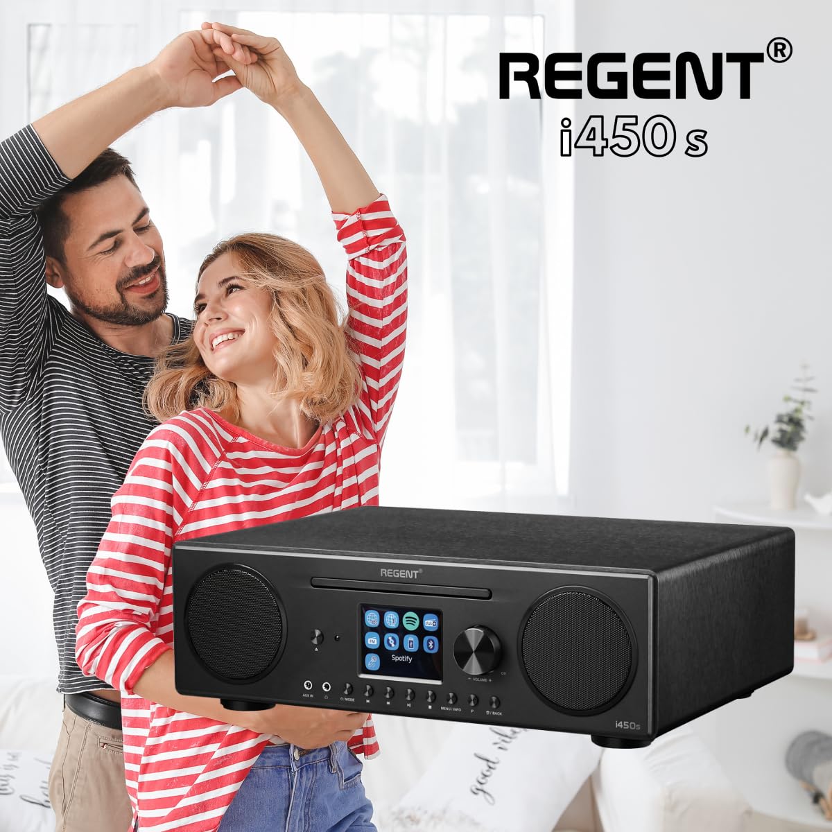 Głośnik REGENT i450s Spotify Connect DAB+ Radio internetowe Odtwarzacz CD Digital Home Stereo Hi-Fi Bluetooth FM 20, podwójny alarm i pilot Wejście AUX i USB (Czarne)
