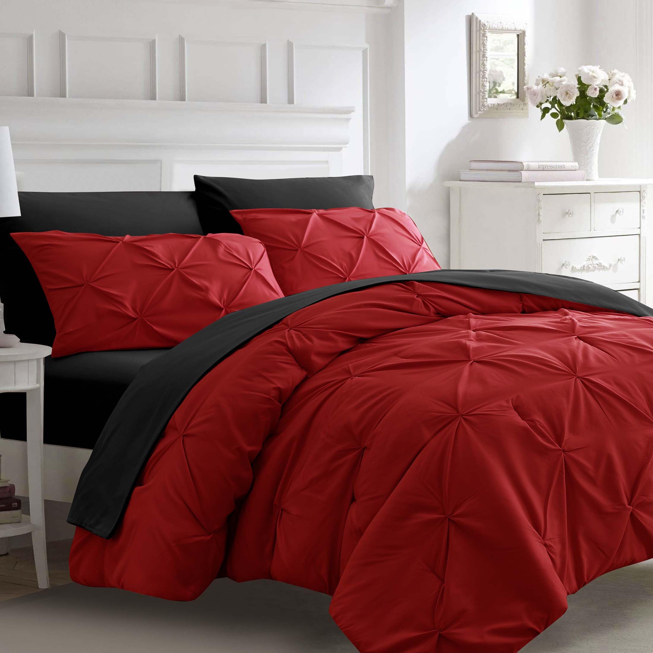 Ubauba 7pc Queen Size Comforter Set with Sheets, Pintuck 7 Piece Bedding Comforters Bed in a Bag for All Season, Pinched Pleat Bed Set with Comforter (Red and Black,Queen)