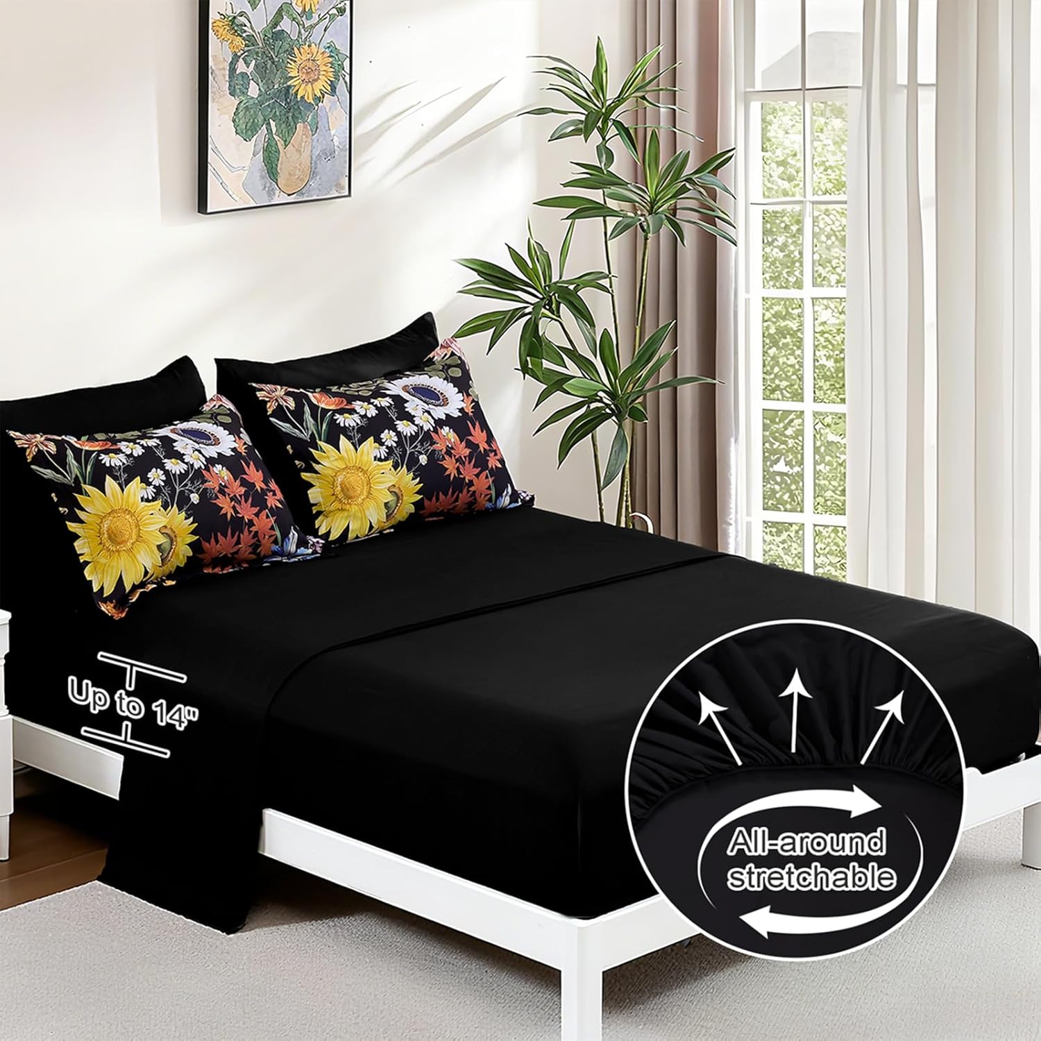 Yiran Bed in a Bag King Black Yellow Comforter Set 7 Pieces Soft Microfiber Sunflower Floral Bedding Set with 1 Comforter 1 Flat Sheet 1 Fitted Sheet 2 Pillowshams 2 Pillowcases