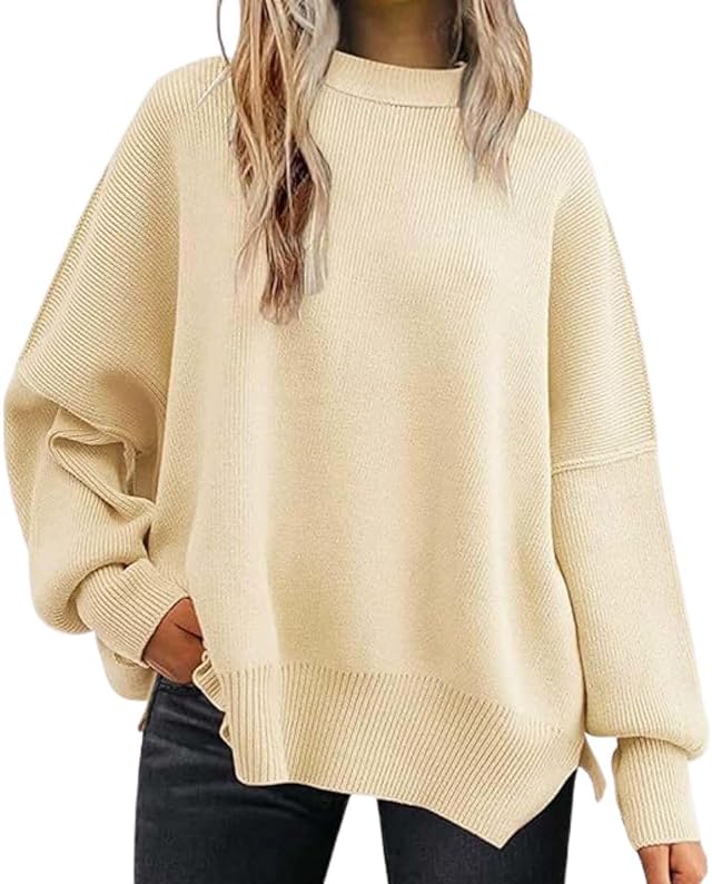 2025 Fall Womens Oversized Batwing Sweater Fashion Crew Neck Knit Side Slit Cozy Fall and Winter Pullover Sweater