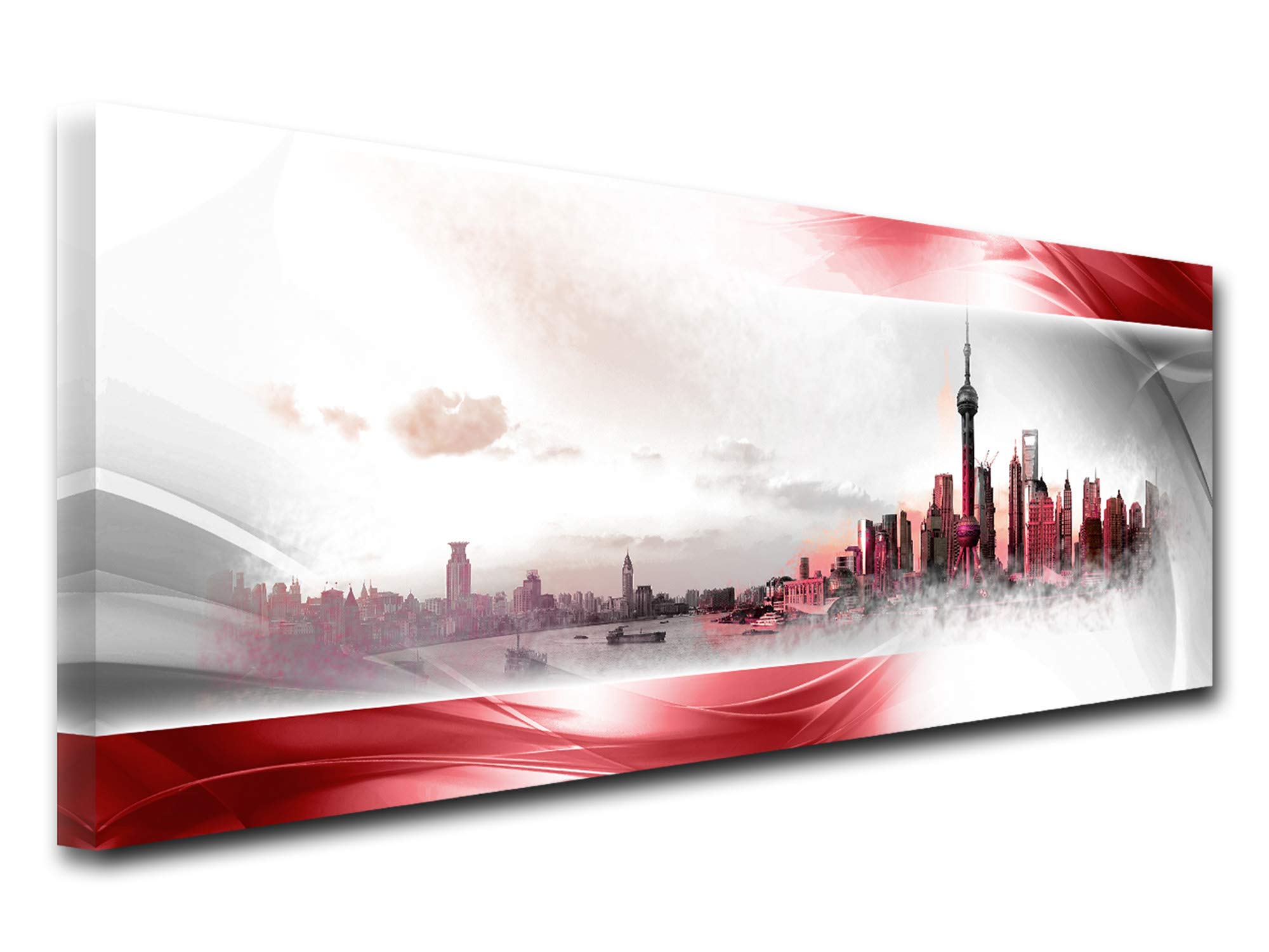 Declina, Quadro Decorativo da Parete per Soggiorno Moderno, Quadro Decorativo da Parete, Tela Panorama di Shanghai Rosso 100 x 35 cm, Canvas, Rosso, 100x35 cm