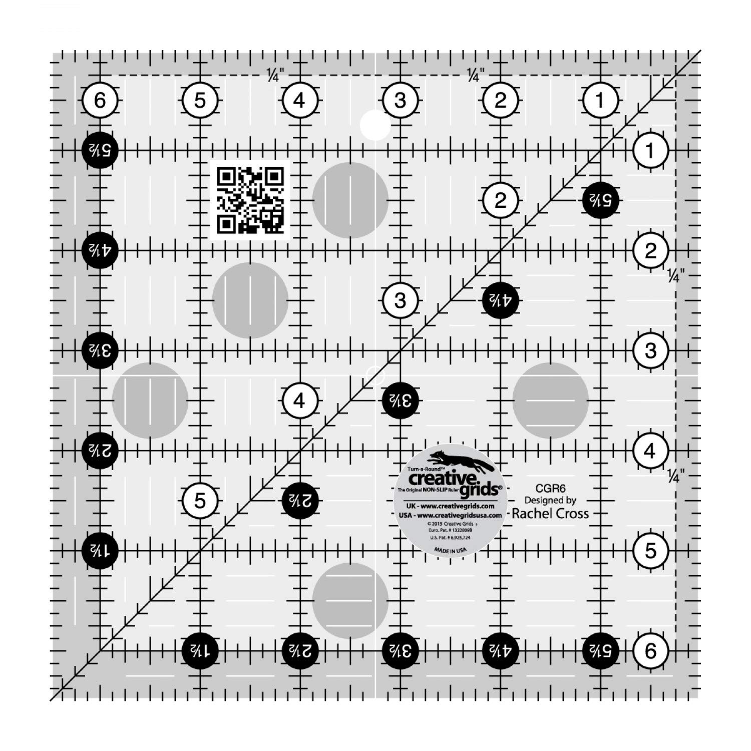 Creative Grids Quilt Ruler 6-1/2in x 6-1/2in Square – CGR6 – Made in USA, Non-Slip Grip Acrylic Quilting, Sewing, Crafting, Patchwork Ruler for Measuring & Cutting Fabric