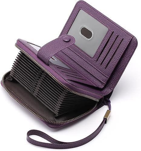 GAEKEAO Cartera pequeña de cuero para mujer, con bloqueo RFID, con cremallera, organizador de tarjetas con llavero, A05-Púrpura-Large, Retro