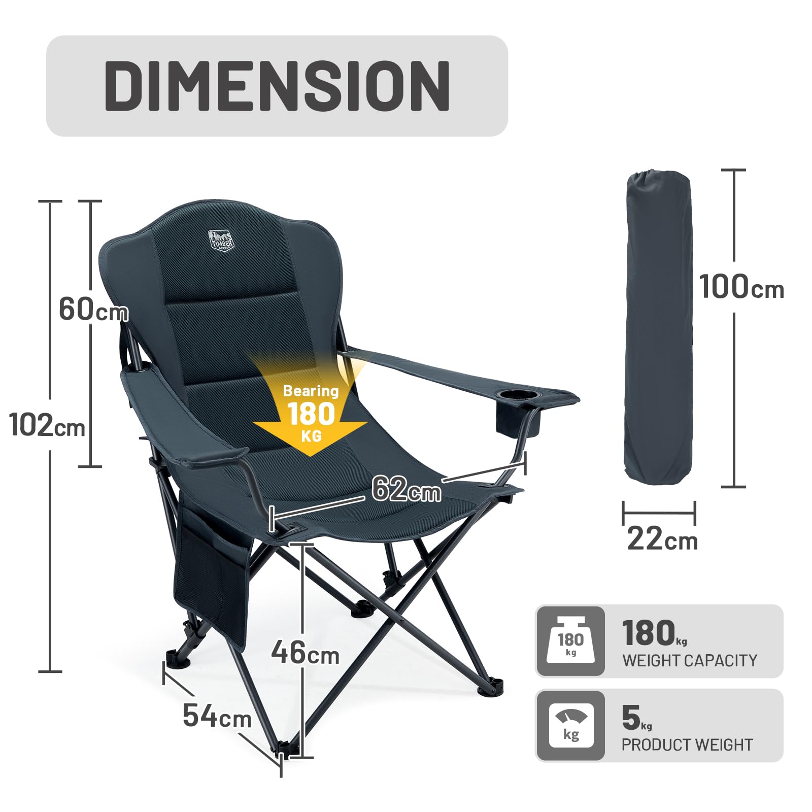 TIMBER RIDGE Silla de camping plegable de 2 unidades, 180 kg, ajustable en 3 posiciones, acolchada, ancho del asiento 62 cm, con respaldo alto, con soporte para bebidas, sillón, camping, jardín