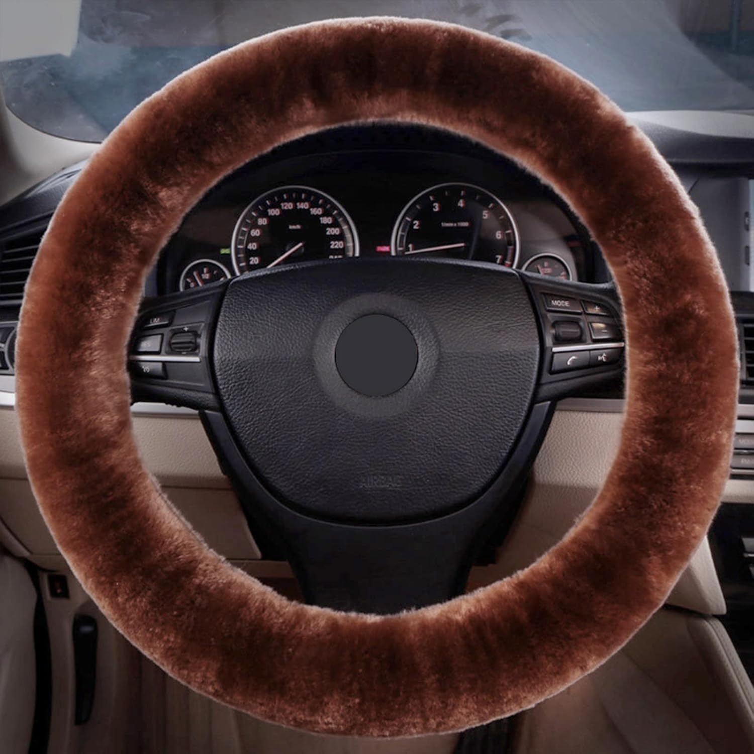 Cafliyun Genuine Sheepskin Car Steering Wheel Cover, Soft Wool Fur Vehicle Stretch