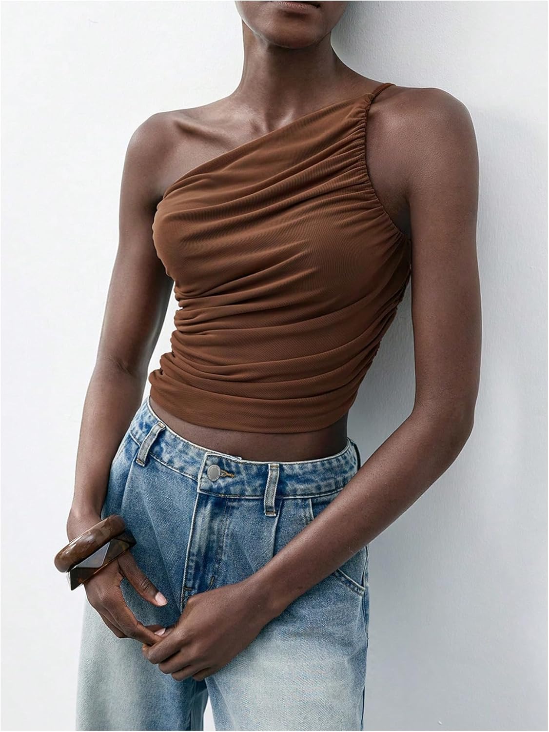 Verdusa Women's Y2K Ruched One Shoulder Camisole Tops Night Out Asymmetrical Fitted Crop Tops - Image 3