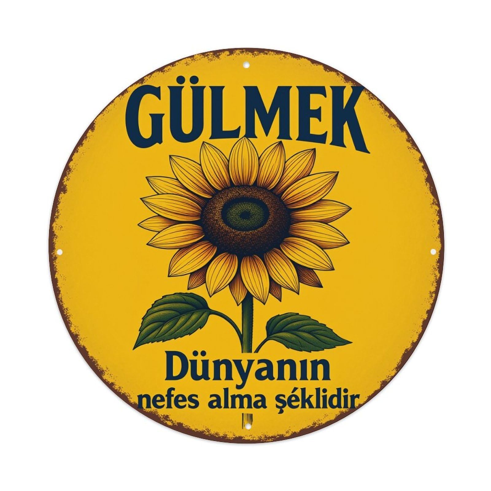 Sunflower Yellow Circle Text Art Round Metal Tin Sign Vintage Wall Decor, Bar Garage Cafe Kitchen Home Wall Art Poster 8x8inches