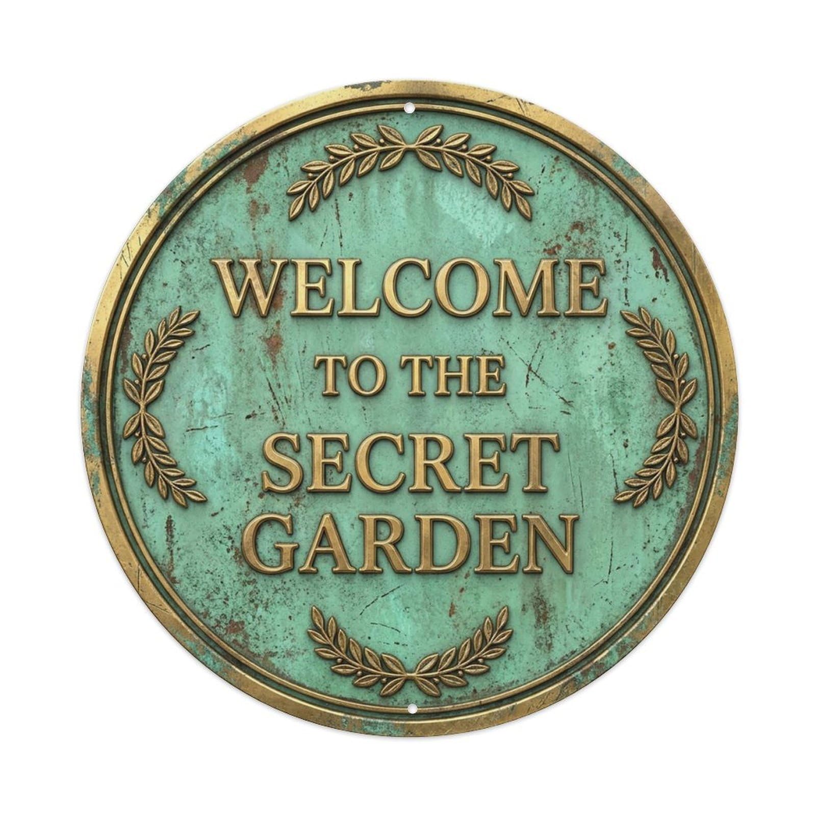 Vintage Welcome Secret Garden Gold Mint Wreath Metal Tin Sign