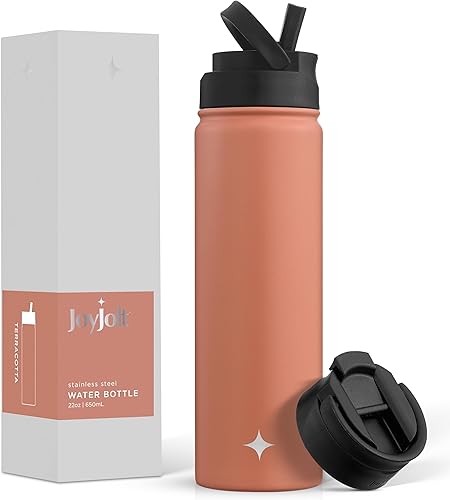 JoyJolt Botella de agua con triple aislamiento con tapa de popote y tapa abatible. Botella de agua de 22 onzas, botella de agua de acero inoxidable