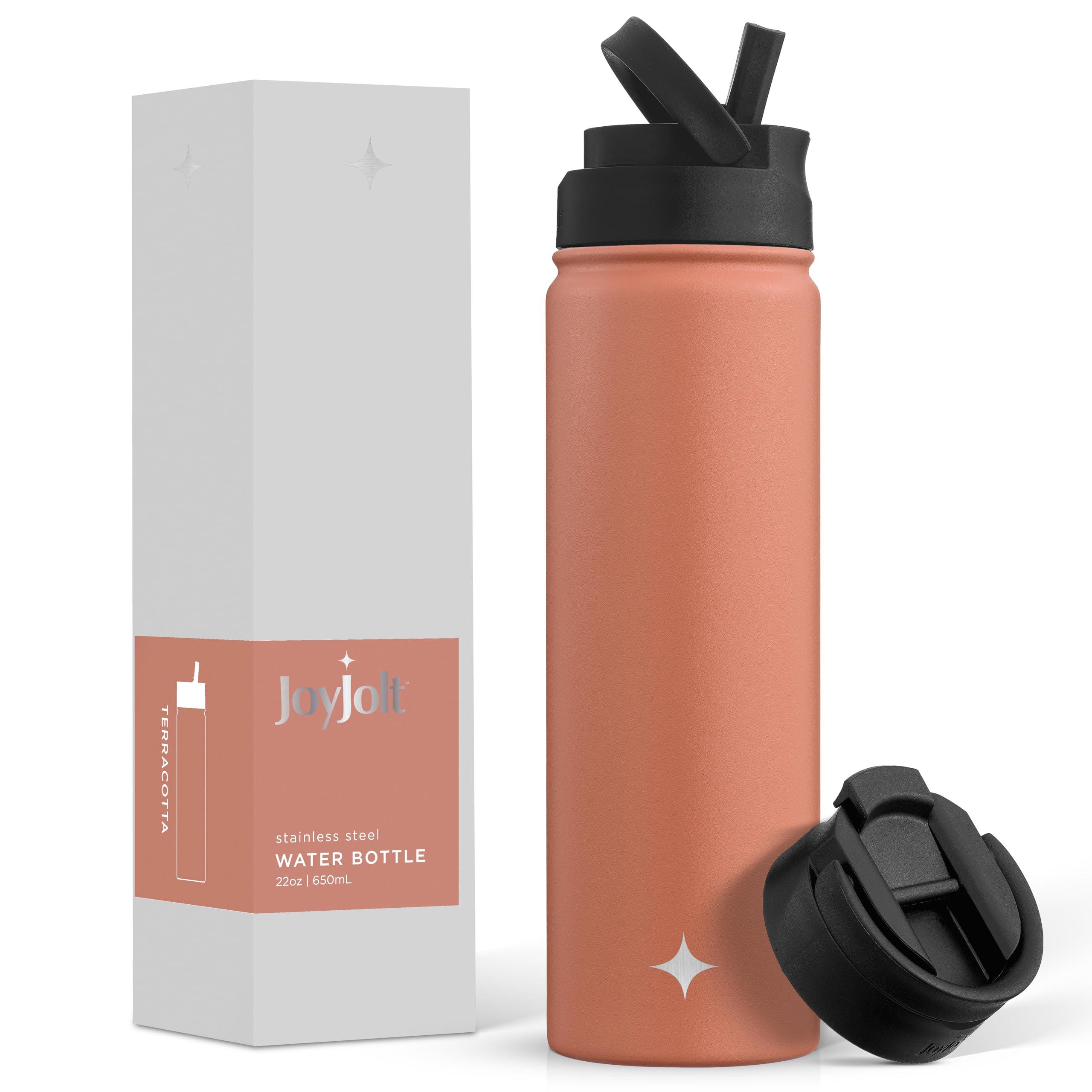 JoyJolt Triple Insulated Water Bottle with Straw Lid AND Flip Lid! 22oz Water Bottle, 12 Hour Hot/Cold Vacuum Insulated Stainless Steel Water Bottle.