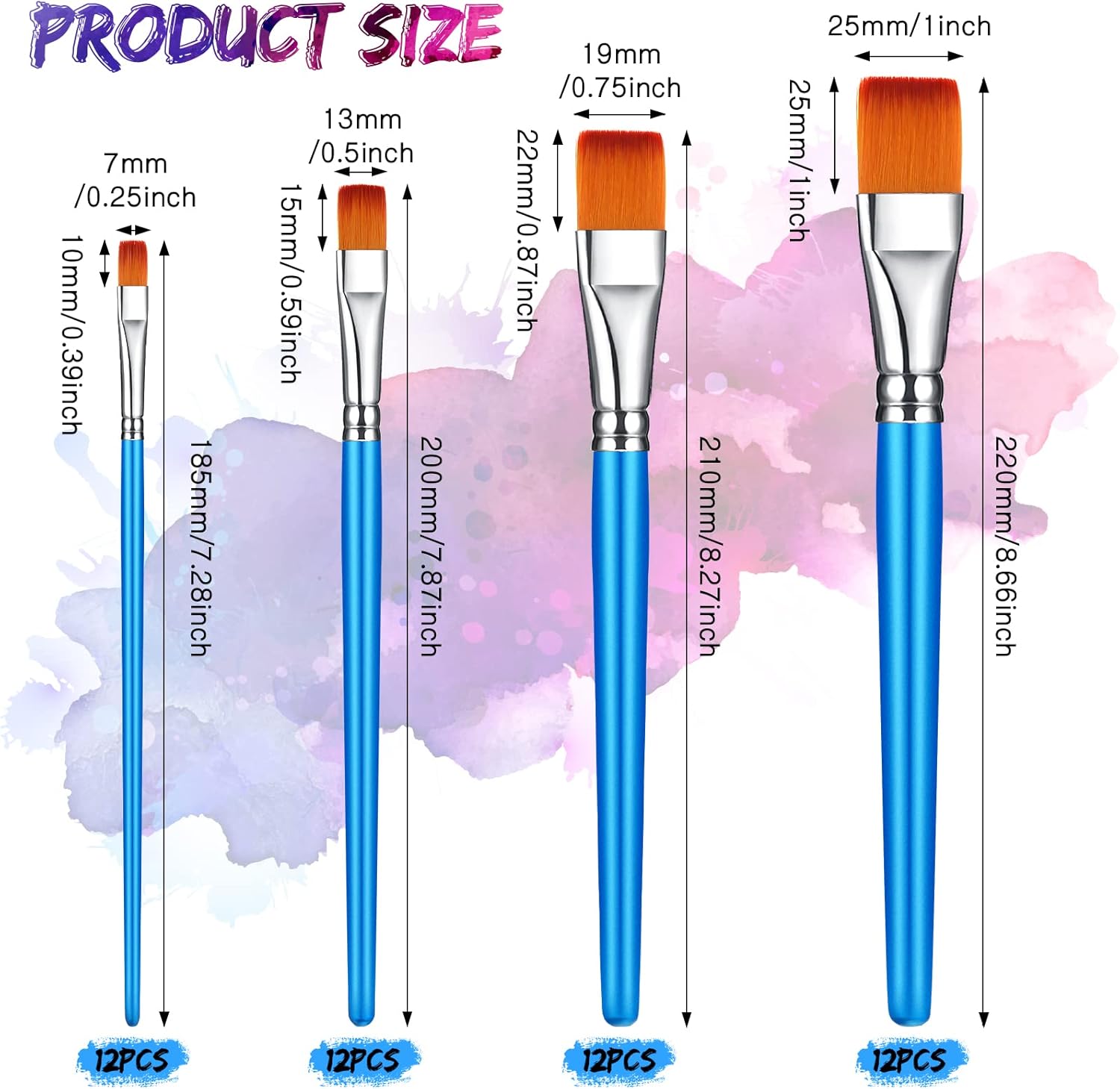 Sherr 48 Pcs Paint Brush Set Bulk Acrylic Brush Wood Paint for Detail Art Crafts Kids Artist Adult Watercolor Oil Face Body(1, 0.75, 0.5, 0.25 Inch,Flat Style)