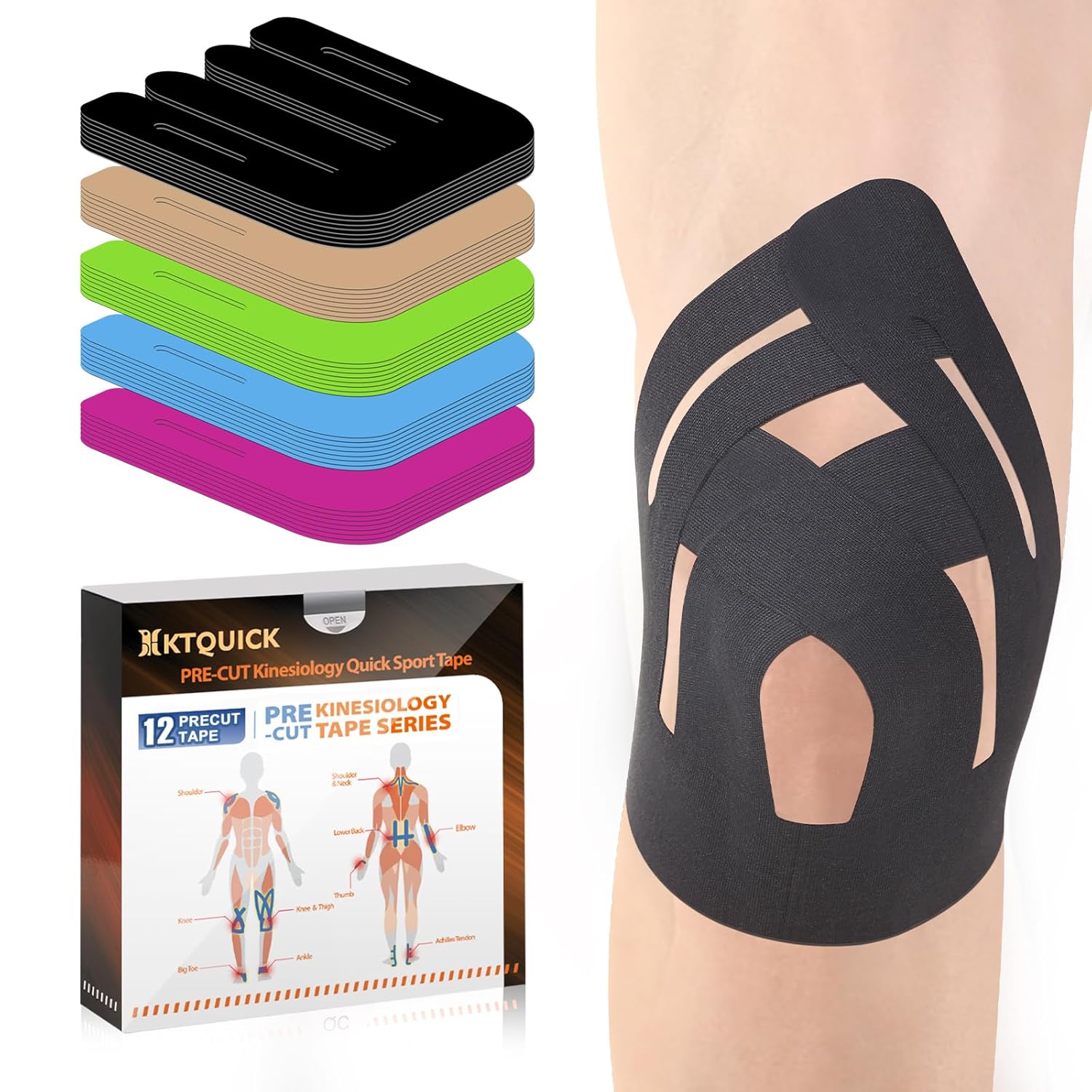 PreCut Kinesiology Tape for Knees, 12PCS Upgraded Waterproof KTQUICK Knee Tape for Knee Pain Relief Pre Cut, Original Cotton Athletic Knee Tape, Waterproof&Hypoallergenic...