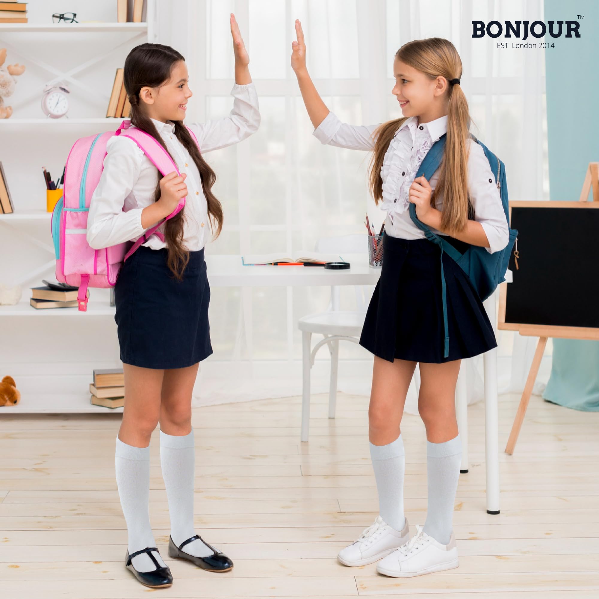 Bonjour® 6 Pairs Girls Kids Knee High School Socks Cotton Socks, Back to School Plain Socks Uniform Party Wear, Long Socks Girls Kids Knee High Socks for School — view 2