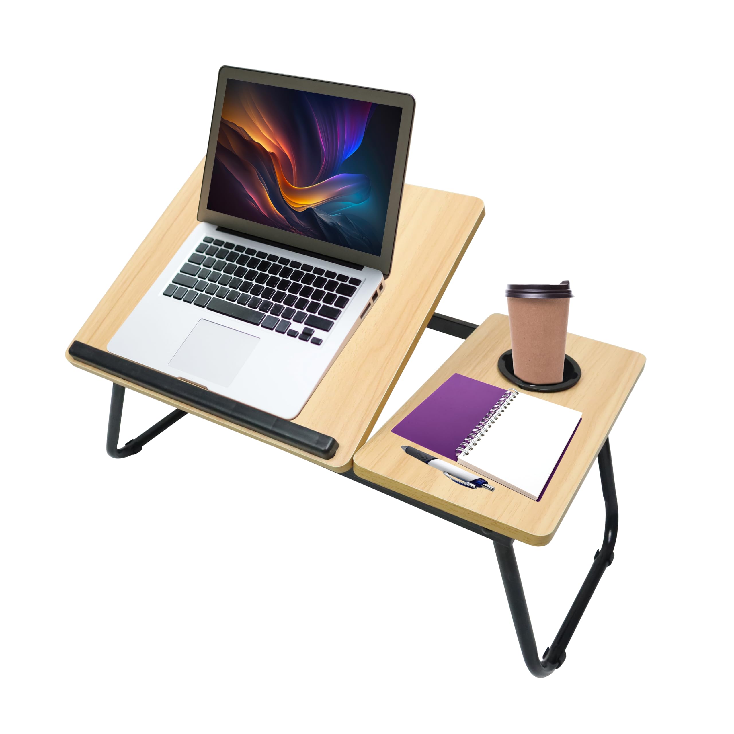 ZOBER Foldable Laptop Table, Portable Laptop Bed Tray, 5 Grade Adjustable Height Stand, Non-slip Rubber Grip with Cup Holder, Lapdesk Work Reading, Eating, Sofa Table, Outdoor & Indoor (Natural)