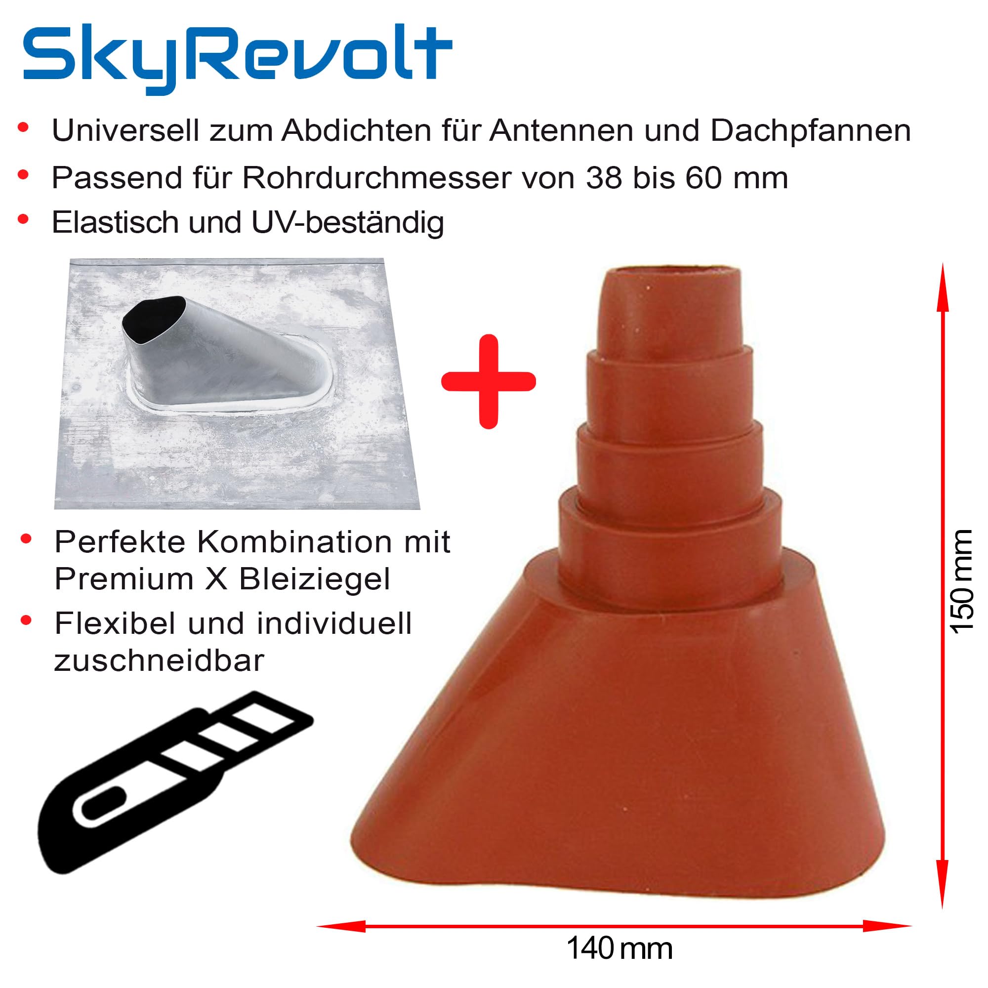 Dachpfanne aus Blei Bleiziegel Bleipfanne Dachabdeckung Dachziegel Universal mit Gummimanschette Rot