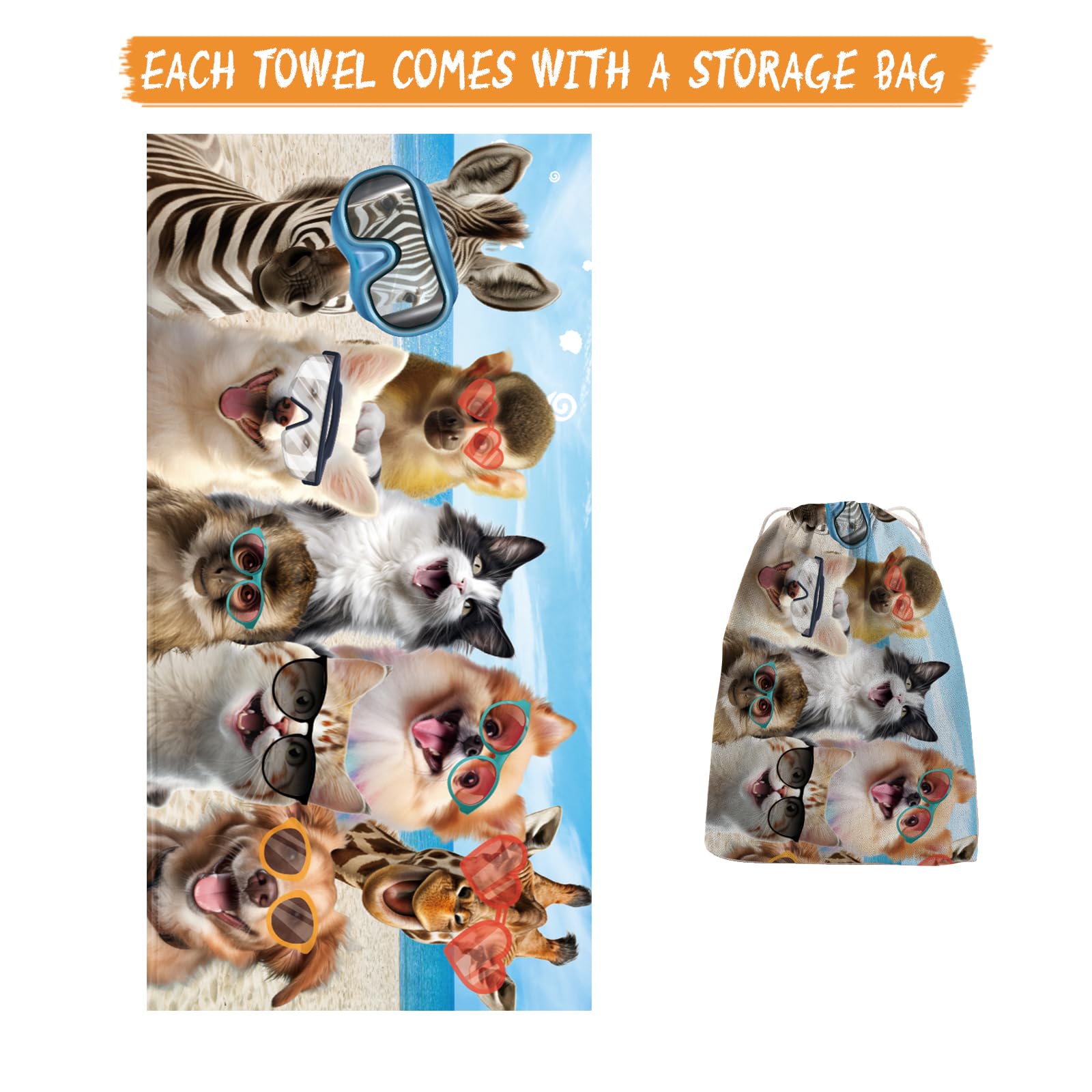 Duckbe Beach Towel with Bag - Animals Selfie Design - 35x70 inches Soft Lightweight Absorbent Microfiber Bath Pool Towels for Baby Kids Boys Girls Gifts Color25-Animals