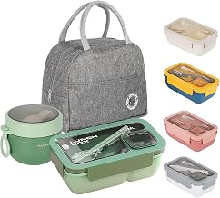 Lunch Box Adults, Bento Box Set with Lunch Bag, Utensils, Oats Container | Leakproof Food Storage with Fork & Spoon for Men Women Student Office School, Green