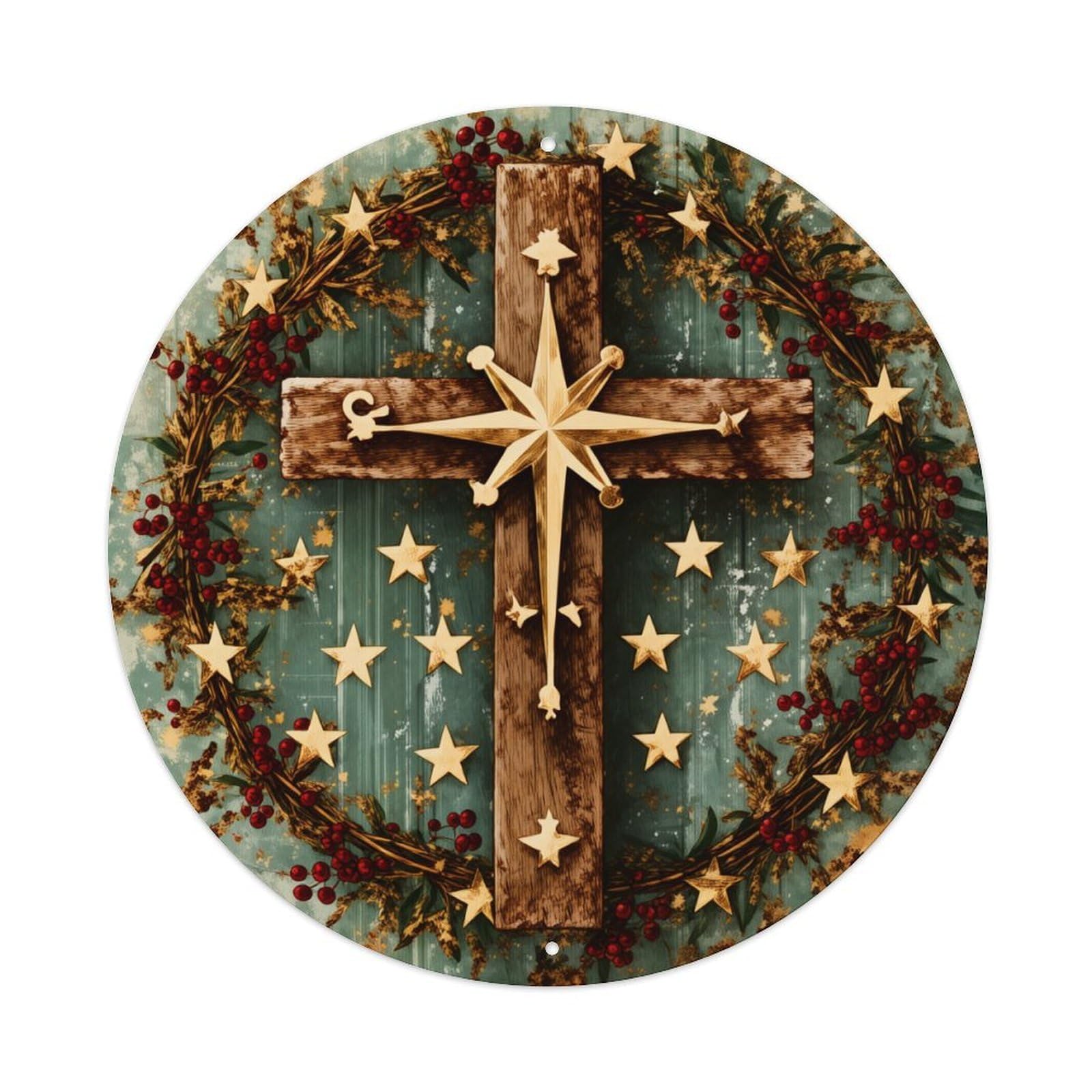 Cross Star Wreath Pattern Round Tin Sign Retro Metal Sign for Cafe Bar Pub Home Game Room Gym Club Wall Decoration Vintage Metal Poster 8x8 Inch