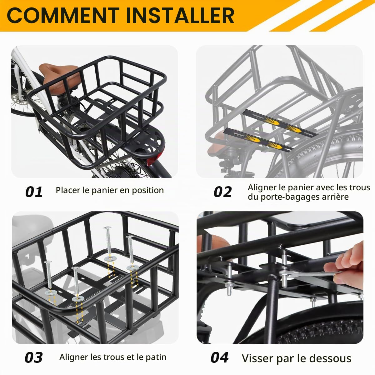 Grand Panier Velo Arriere, Panier Métallique pour Vélo Arrière, avec Filet De Chargement et Doublure, Compatible avec La Plupart des Vélos et Vélos électriques, Noir