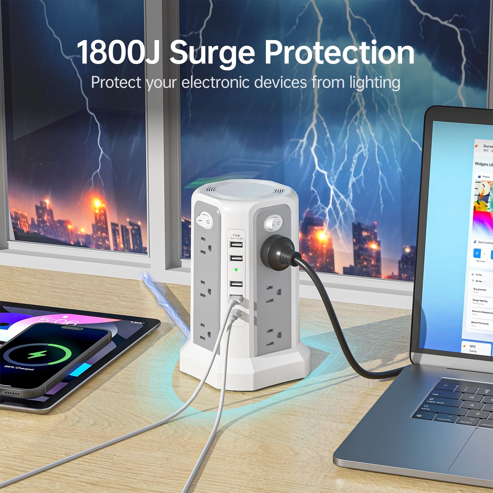 Multiprise multiprise 2 PS (4A1C avec port USB C PD18 W, 3 m) | Rallonge multiprise avec 5 ports de charge USB, tour d'alimentation pour maison, bureau, dortoir, gris blanc