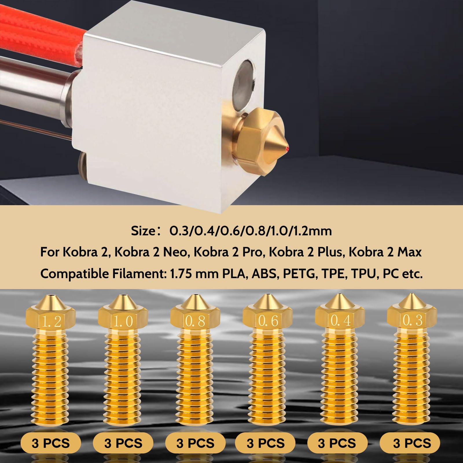18 sztuk mosiężnych dysz do wytłaczarki, głowica drukująca 0,3-1,2 mm, dysza do drukarki 3D, gwint M6, mosiężna dysza do drukarki 3D, do Anycubic Kobra 2 Pro, Kobra 2 Plus, Kobra 2 Max, 6 rozmiarów