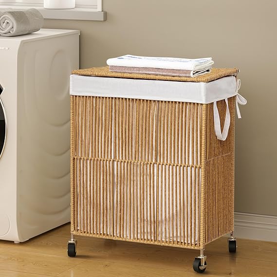 WOWLIVE Laundry Hamper with Wheels, Handwoven Rolling Laundry Basket with Lid, Clothes Hamper with Divided Removable Liner Bag, 115L Large Capacity Laundry Sorter Laundry Room Organization, Natural