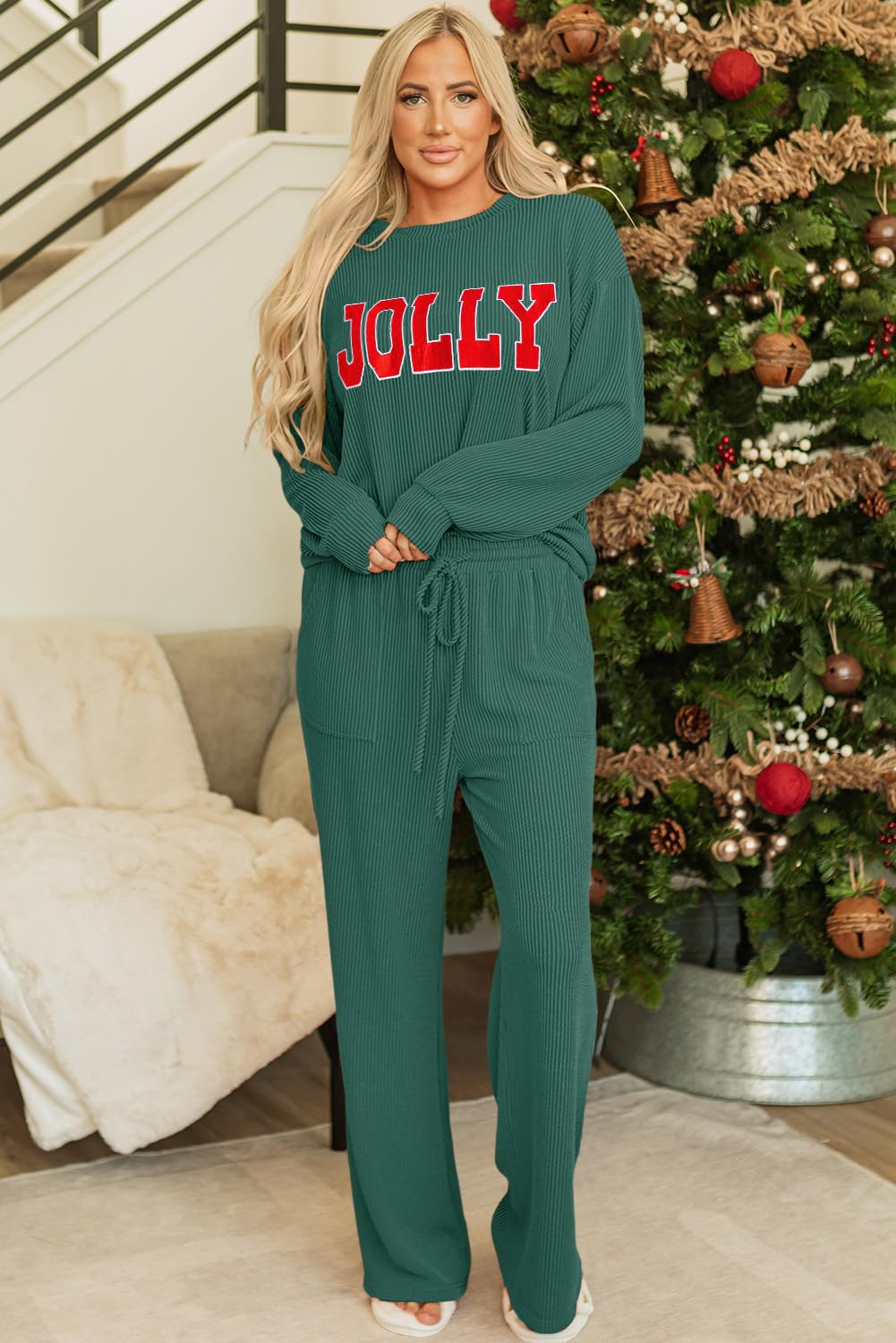 Opemiby Conjunto de pijama para mujer, camiseta acanalada de manga larga y pantalones con bolsillos