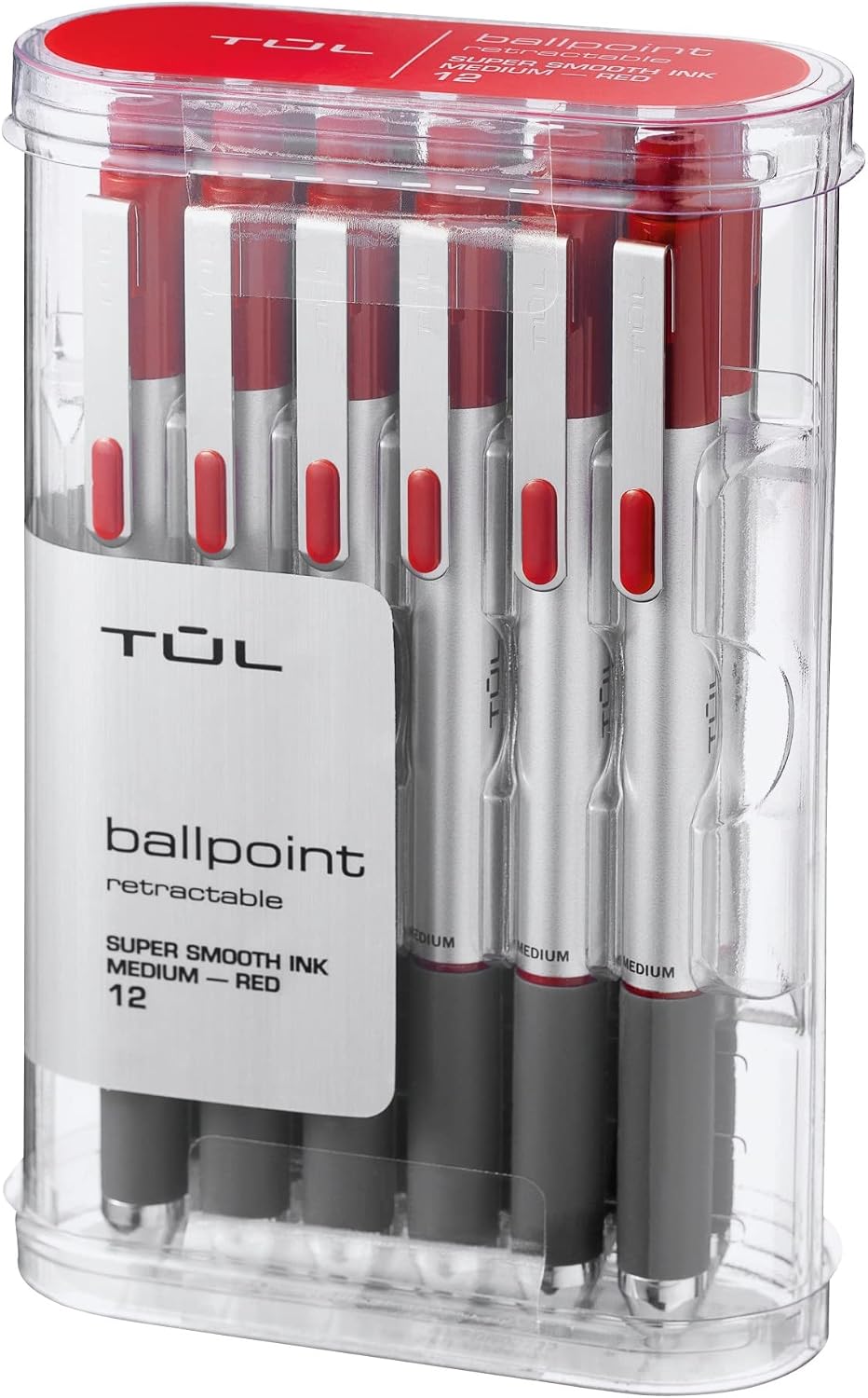 TUL BP3 Ballpoint, Retractable, Medium Point, 1.0 mm, Silver Barrel, Red Ink, Pack Of 12