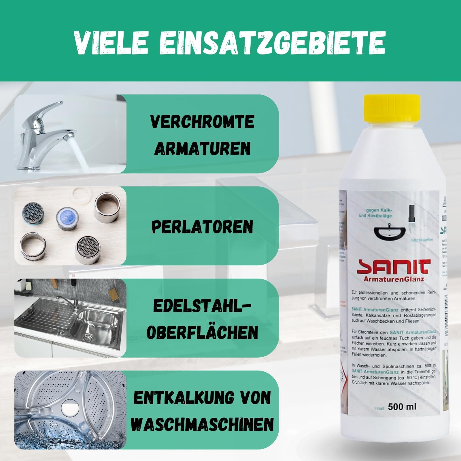 DEWEPRO-Set: SANIT ArmaturenGlanz (3011) - 6 Flaschen à 500ml - zur professionellen und schonenden Reinigung von verchromten Armaturen, inkl. 1 St. DEWEPRO® Single Scrubs