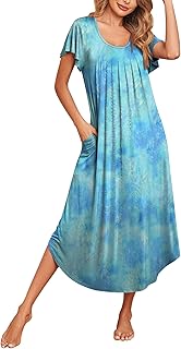 Women's Nightgowns Long Sleepshirt Short Flare Sleeve Sleepwear Soft Night Shirts with Pockets M-3XL - Buy now