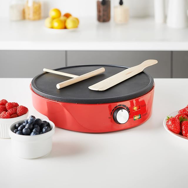 Global Gizmos 37509 Pancake and Crepe Maker / Non-Stick Hot Plate with Raised Edges for Reduced Wastage / Adjustable Temperature / Wooden Spreader & Spatula Included / 1000W