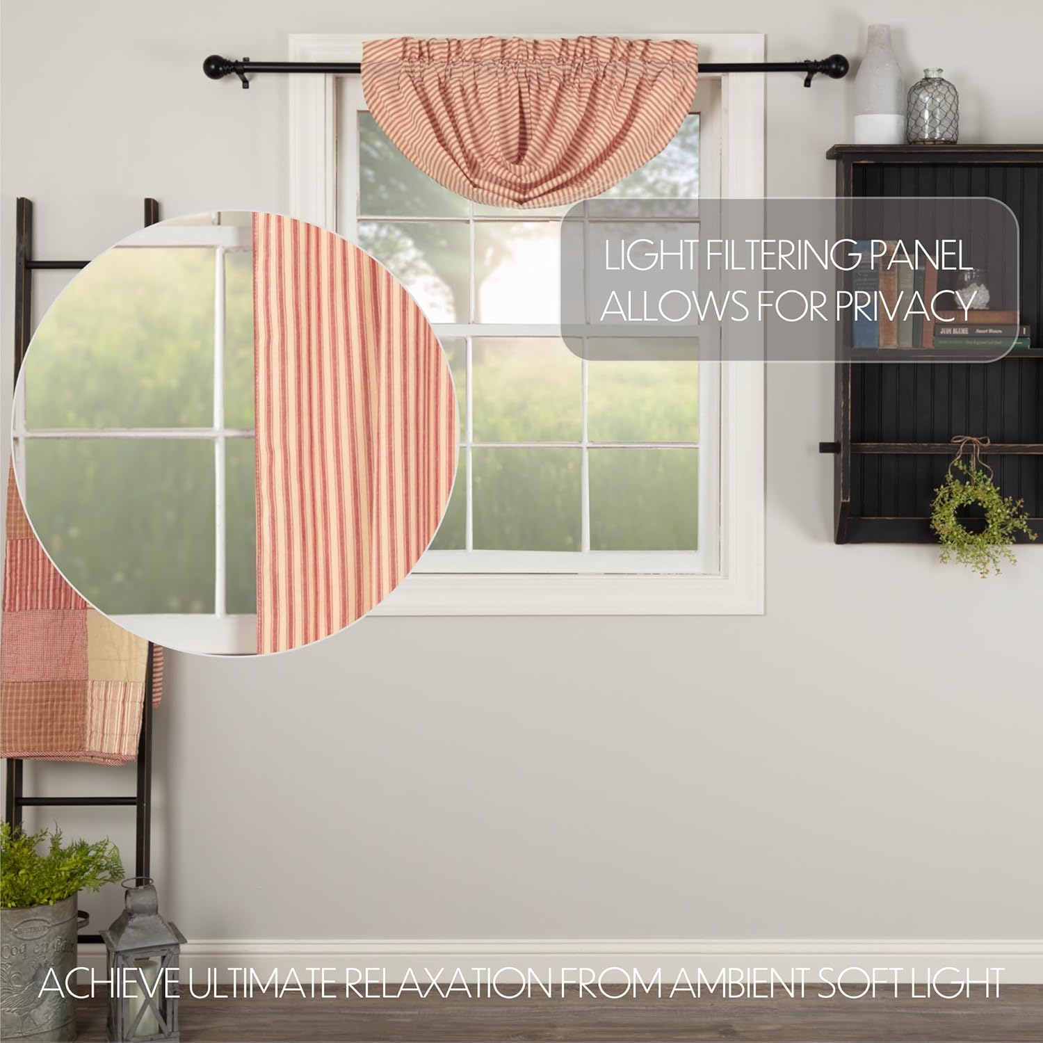 VHC Brands Sawyer Mill Red Balloon Valance Farmhouse Country Striped Cozy Cotton Kitchen Window Curtain 15x60