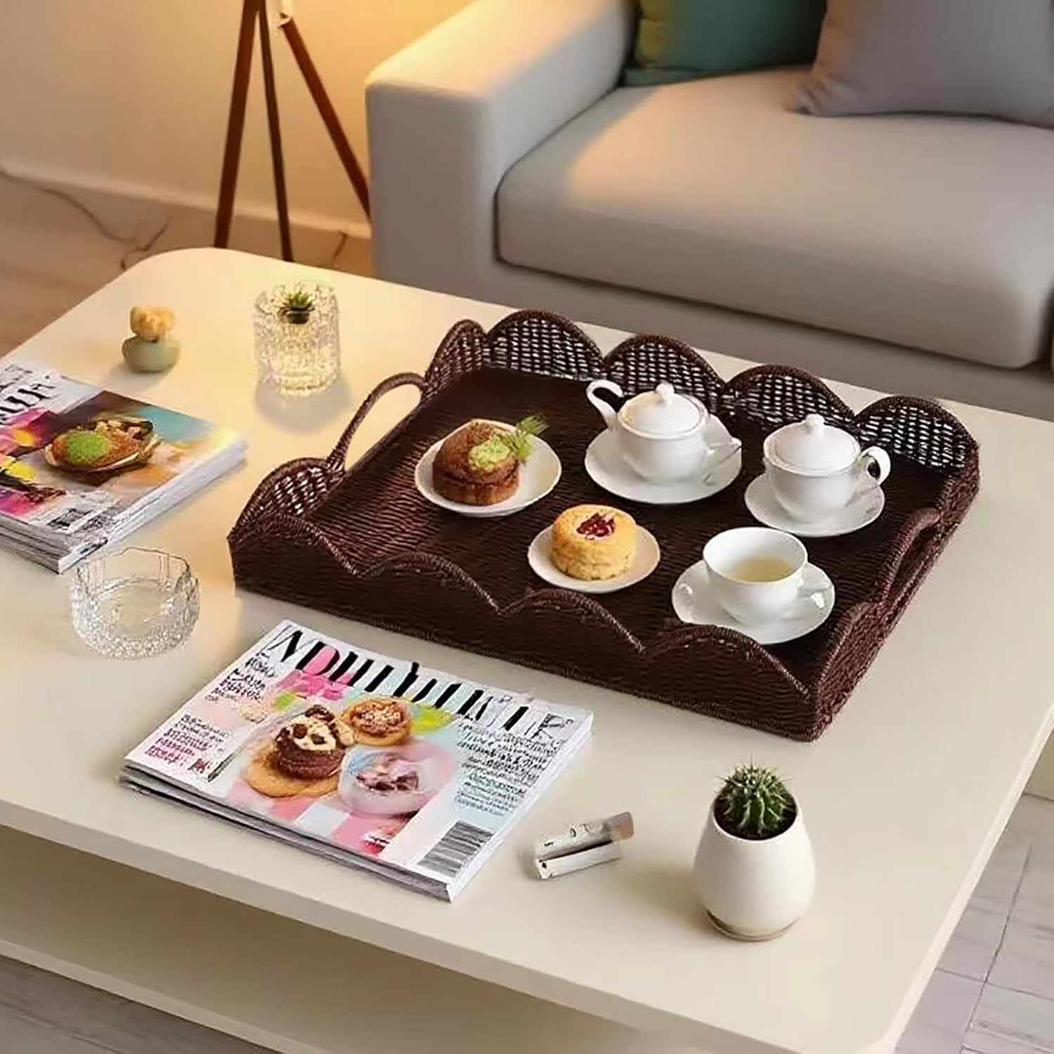 Scalloped Imitation Rattan Tray Basket,17"*13" Super Hard Rectangle Hand Woven Wicker Serving Trays with Handles, Seagrass Decoratve Trays for Coffee Table (Brown&Plastic-Dark)