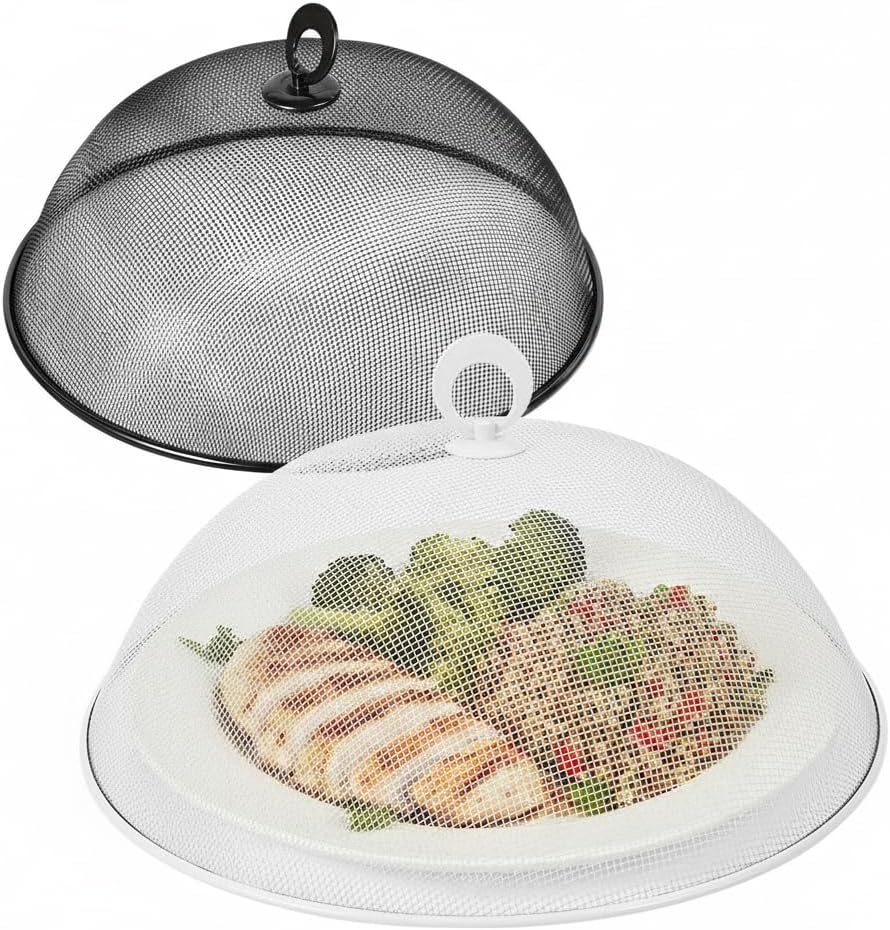 MAGICLULU 2-Pack Metal Mesh Food Covers, 11.8-Inch Net Dome Plate Fly Tents, Outdoor Plant Seedling Protectors for Picnic, BBQ, Garden and Kitchen (Black, White)